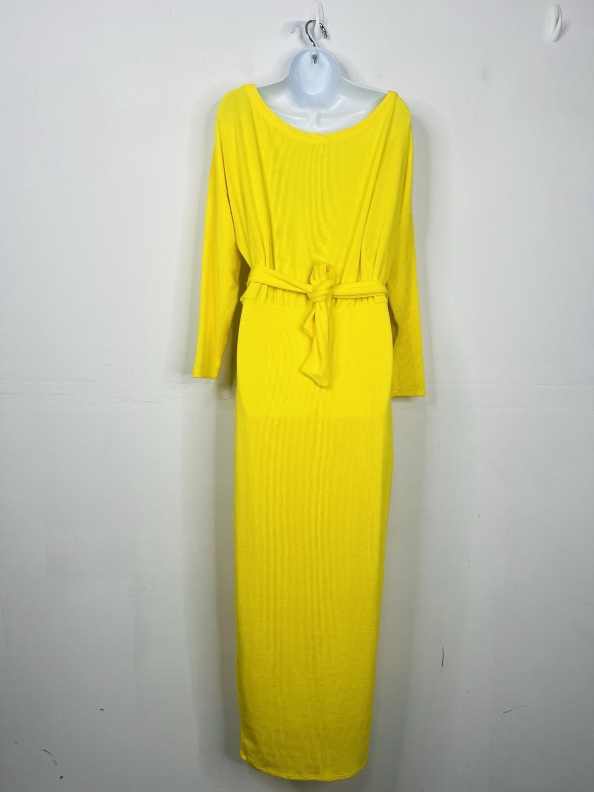 Fashion Nova Polyester Stretch Warm Maxi Dress L/XL Yellow Tied Down Ribbed