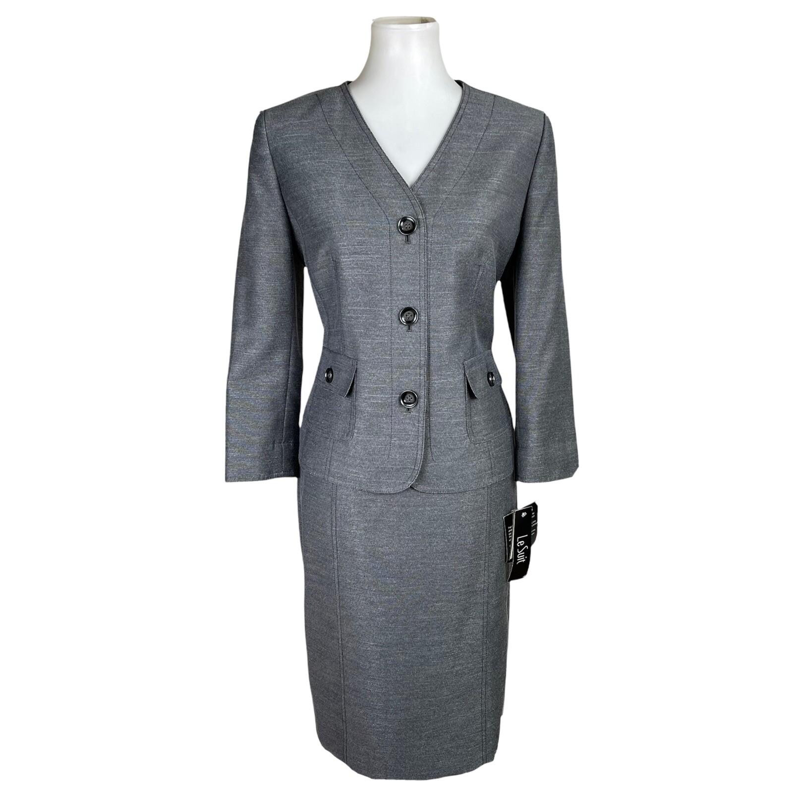 New LE SUIT 2PC Black White Collarless Polyester Skirt Suit Size 8 MSRP 0