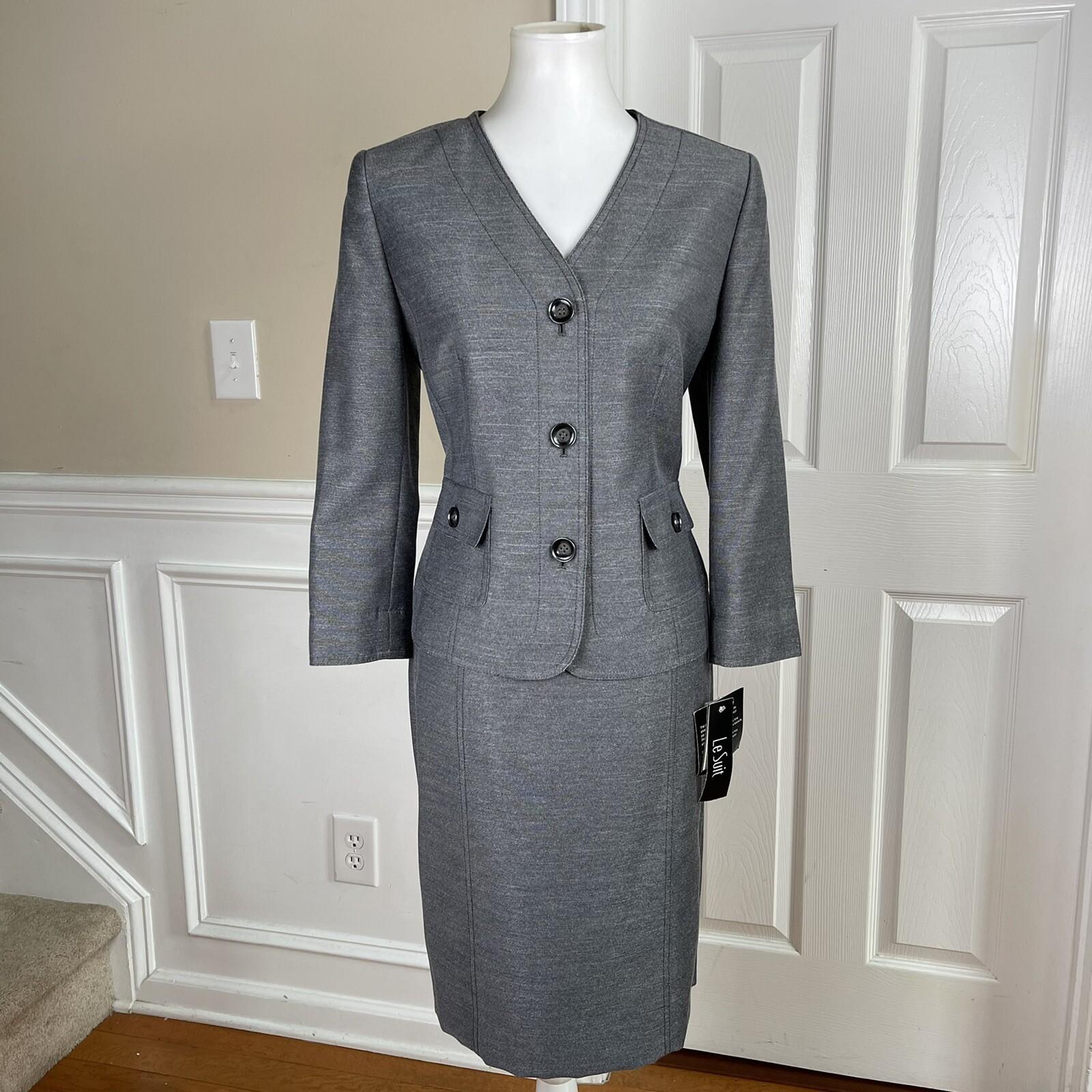 New LE SUIT 2PC Black White Collarless Polyester Skirt Suit Size 8 MSRP 0