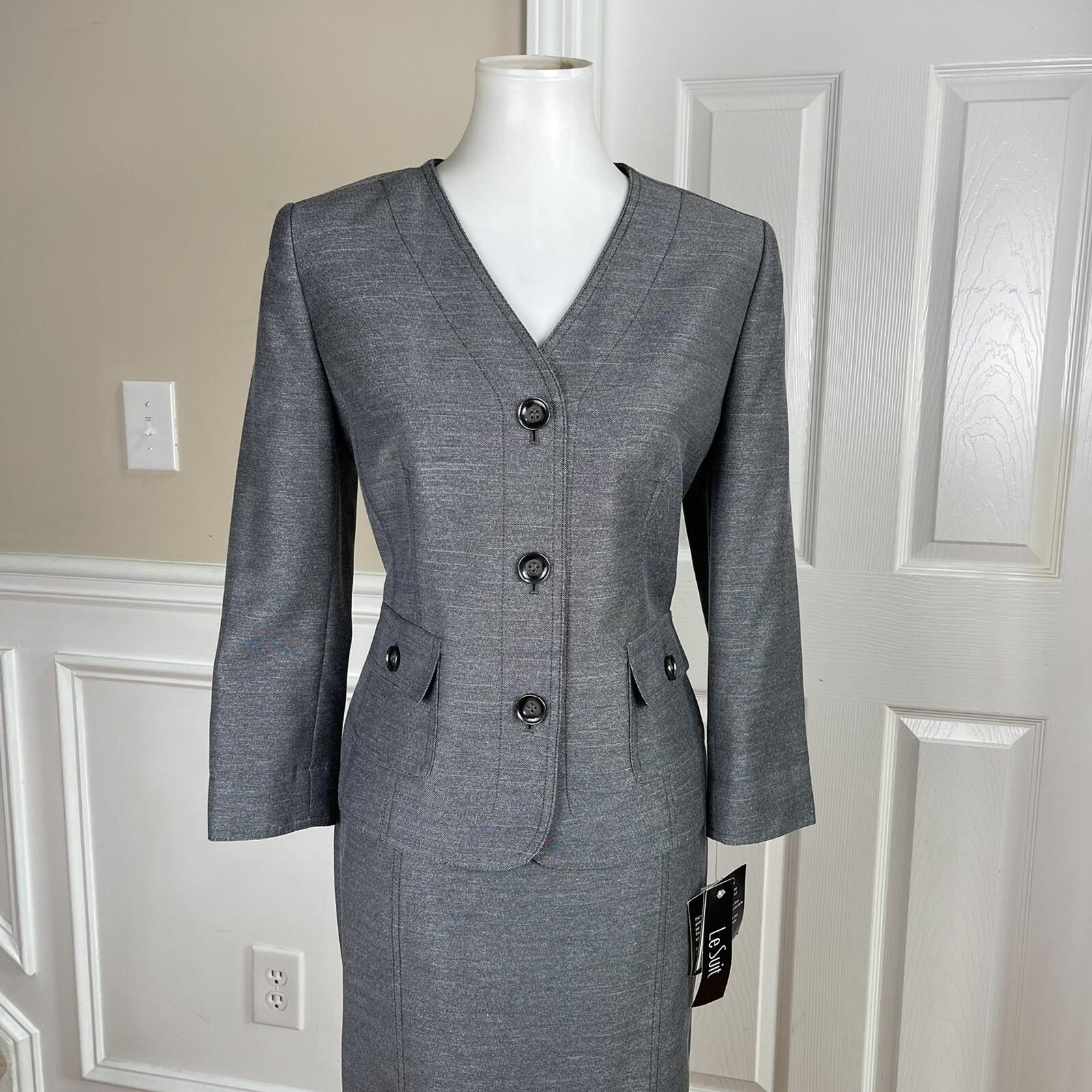 New LE SUIT 2PC Black White Collarless Polyester Skirt Suit Size 8 MSRP 0