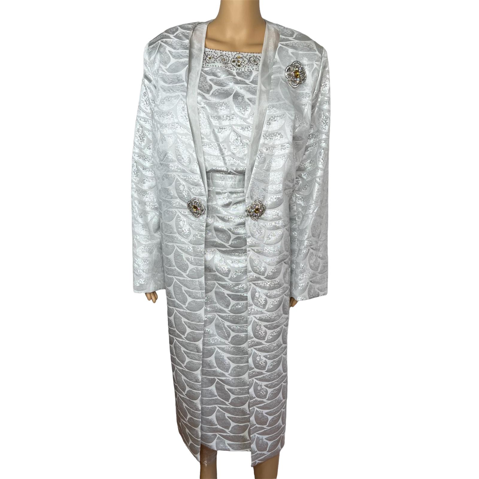 NIGHT STUIDO NY Cotton Metallic  Skirt Suit Top 20 Beaded Silver Cocktail Church