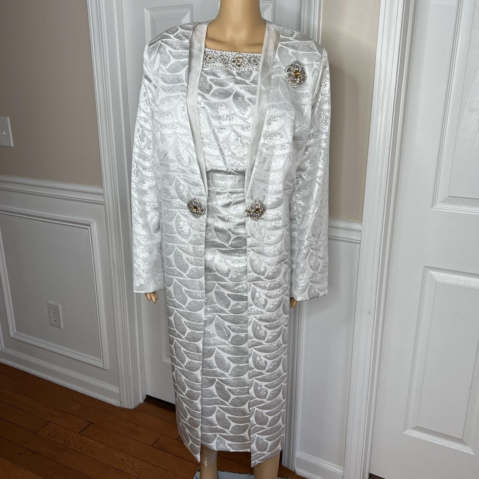 NIGHT STUIDO NY Cotton Metallic  Skirt Suit Top 20 Beaded Silver Cocktail Church
