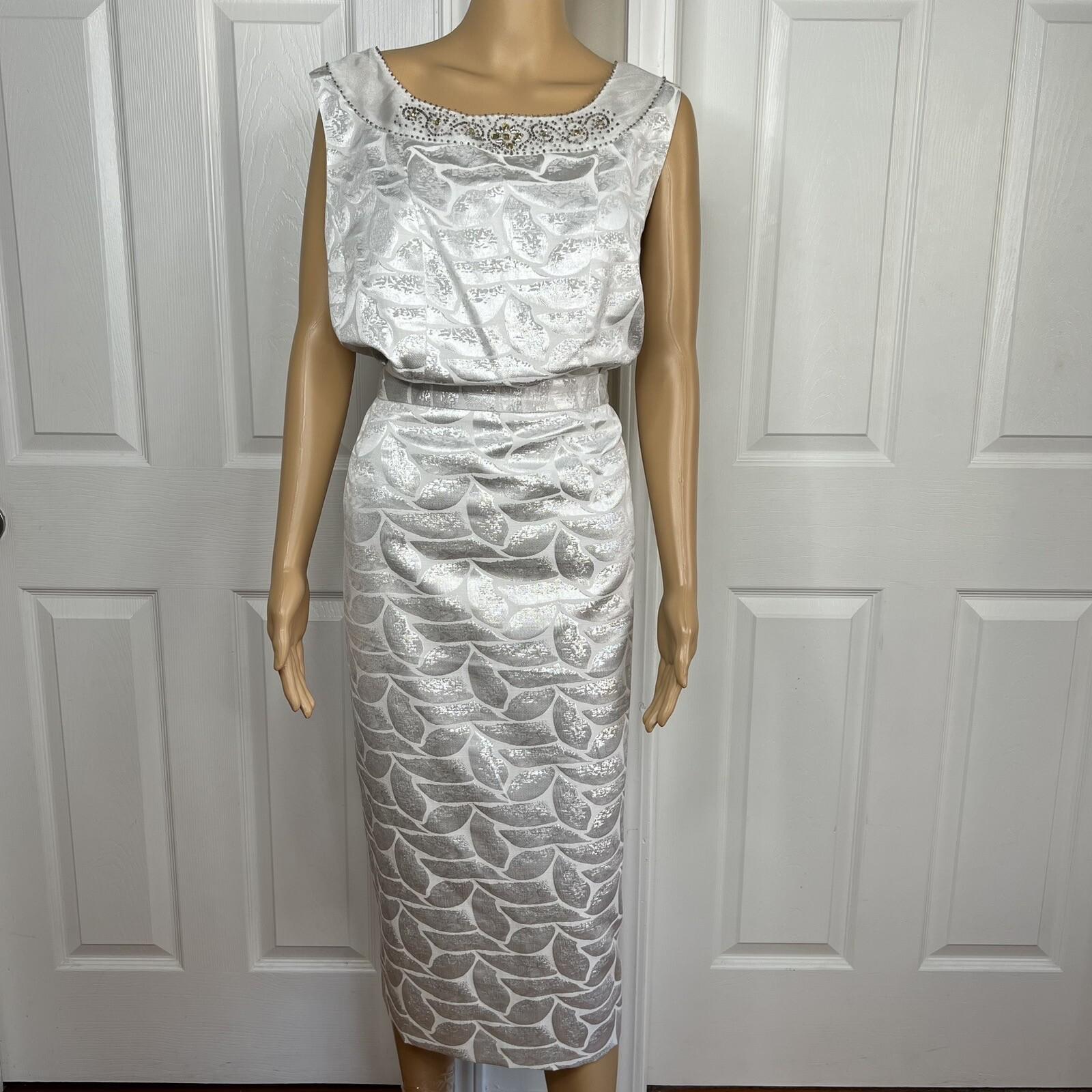 NIGHT STUIDO NY Cotton Metallic  Skirt Suit Top 20 Beaded Silver Cocktail Church