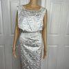 NIGHT STUIDO NY Cotton Metallic  Skirt Suit Top 20 Beaded Silver Cocktail Church