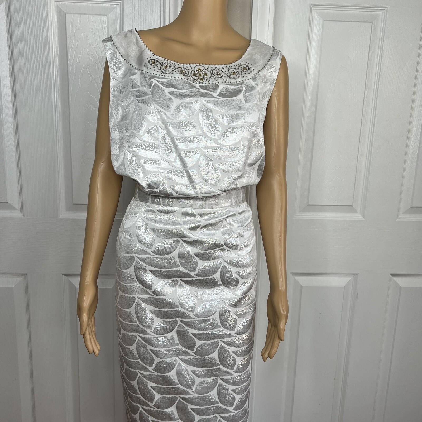 NIGHT STUIDO NY Cotton Metallic  Skirt Suit Top 20 Beaded Silver Cocktail Church