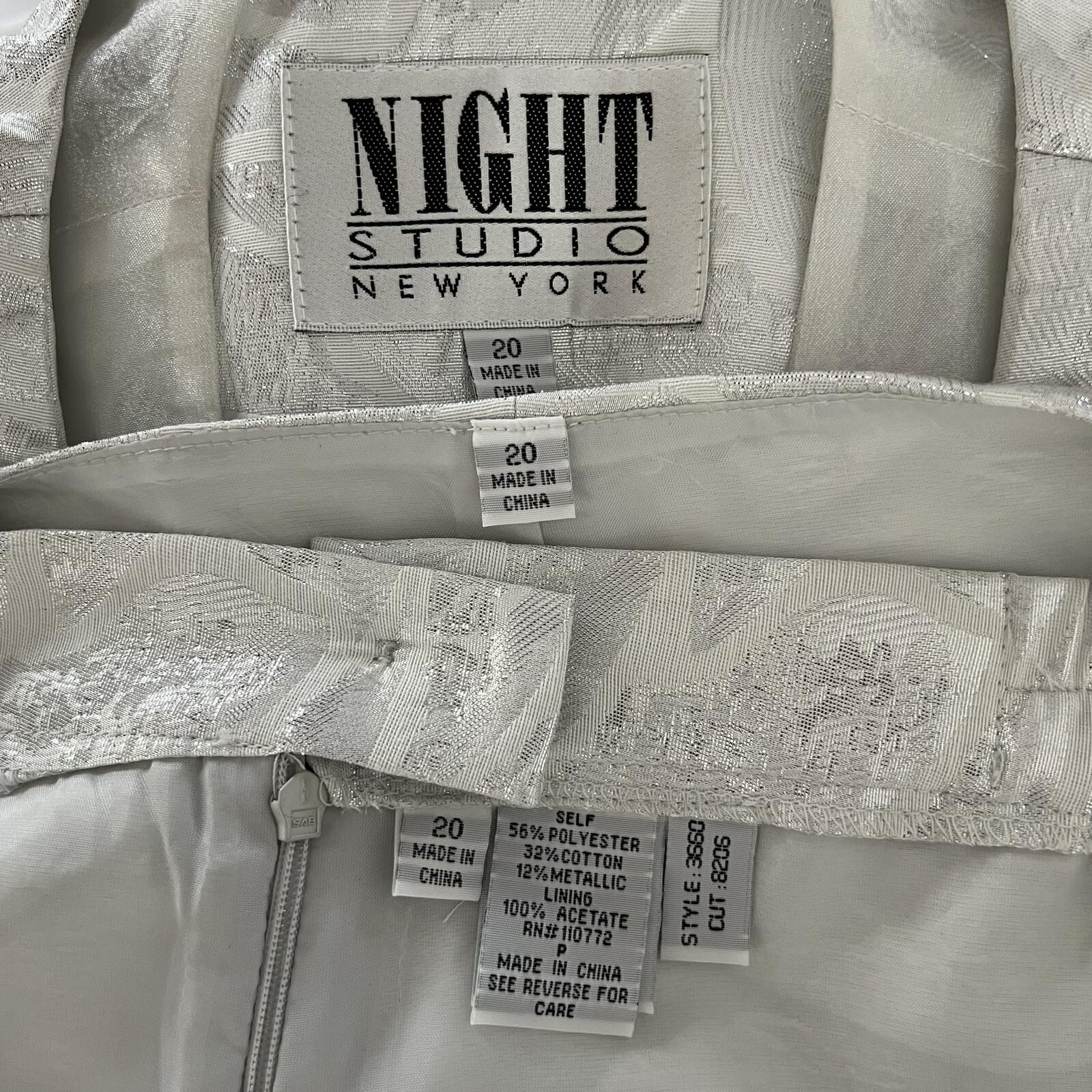 NIGHT STUIDO NY Cotton Metallic  Skirt Suit Top 20 Beaded Silver Cocktail Church
