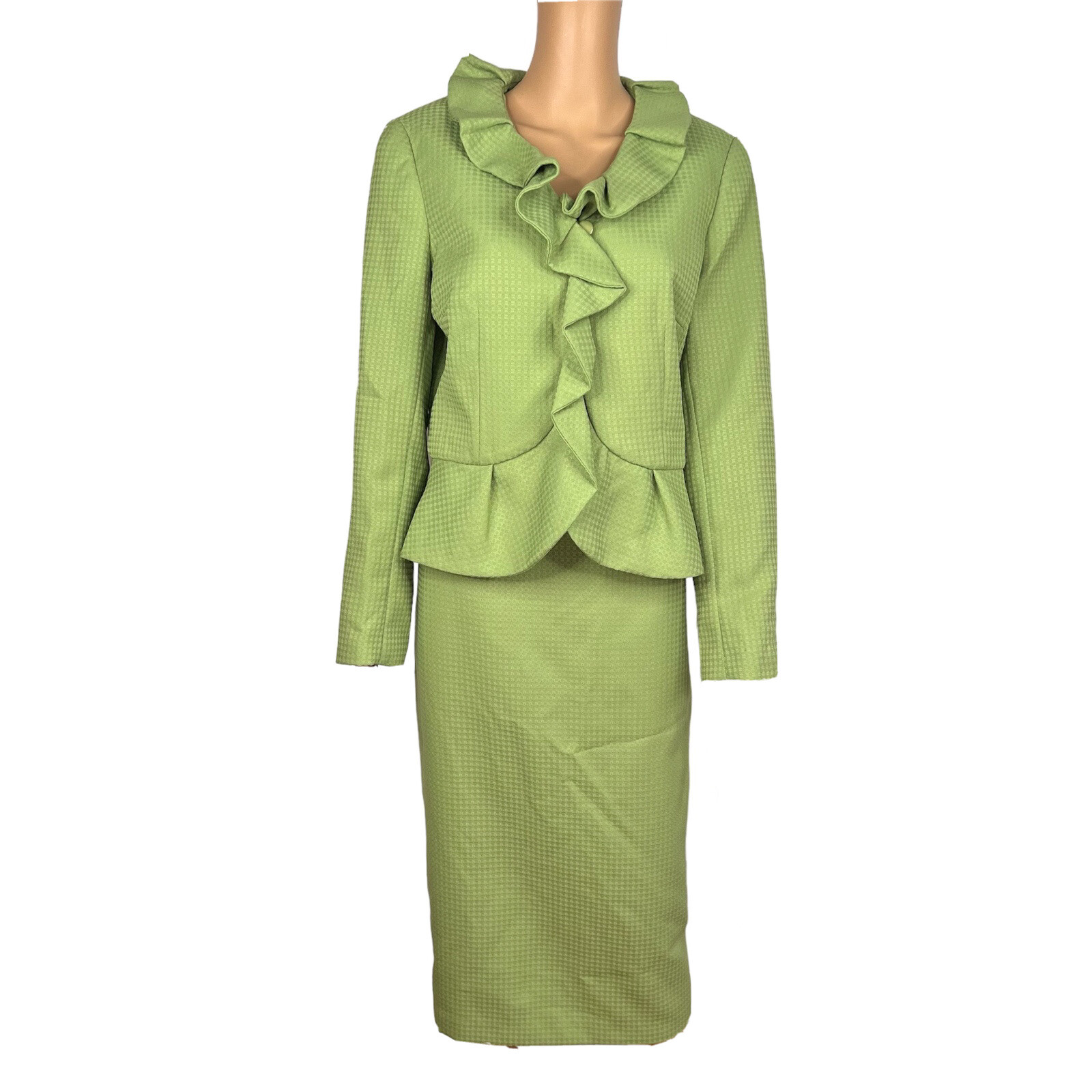 New EMILY 2PC Avocado Polyester Lined Ruffle Collar Cocktail Skirt Suit Size 12 (Copy)