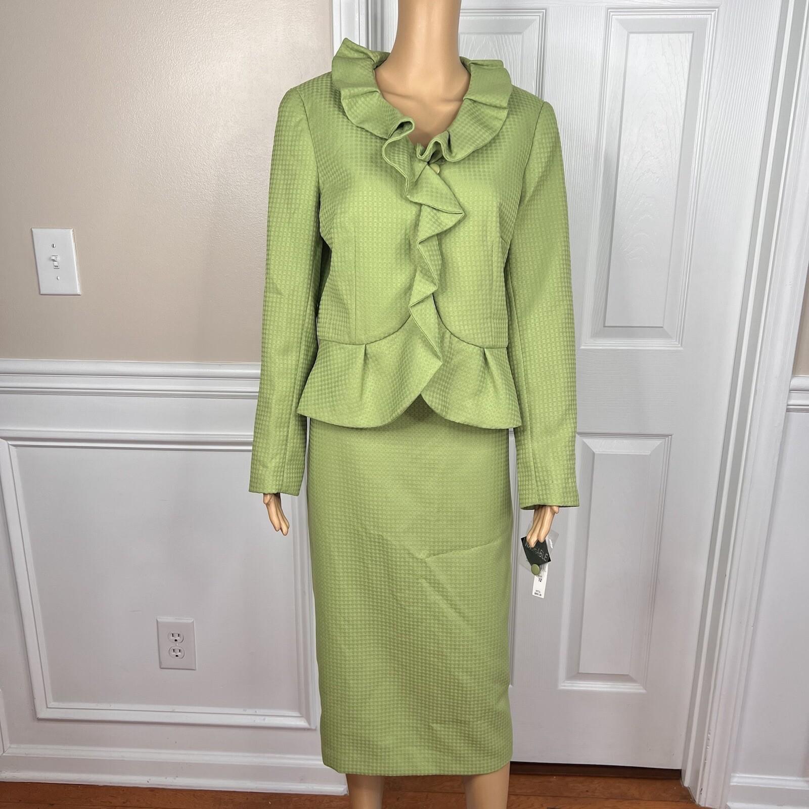 New EMILY 2PC Avocado Polyester Lined Ruffle Collar Cocktail Skirt Suit Size 12 (Copy)