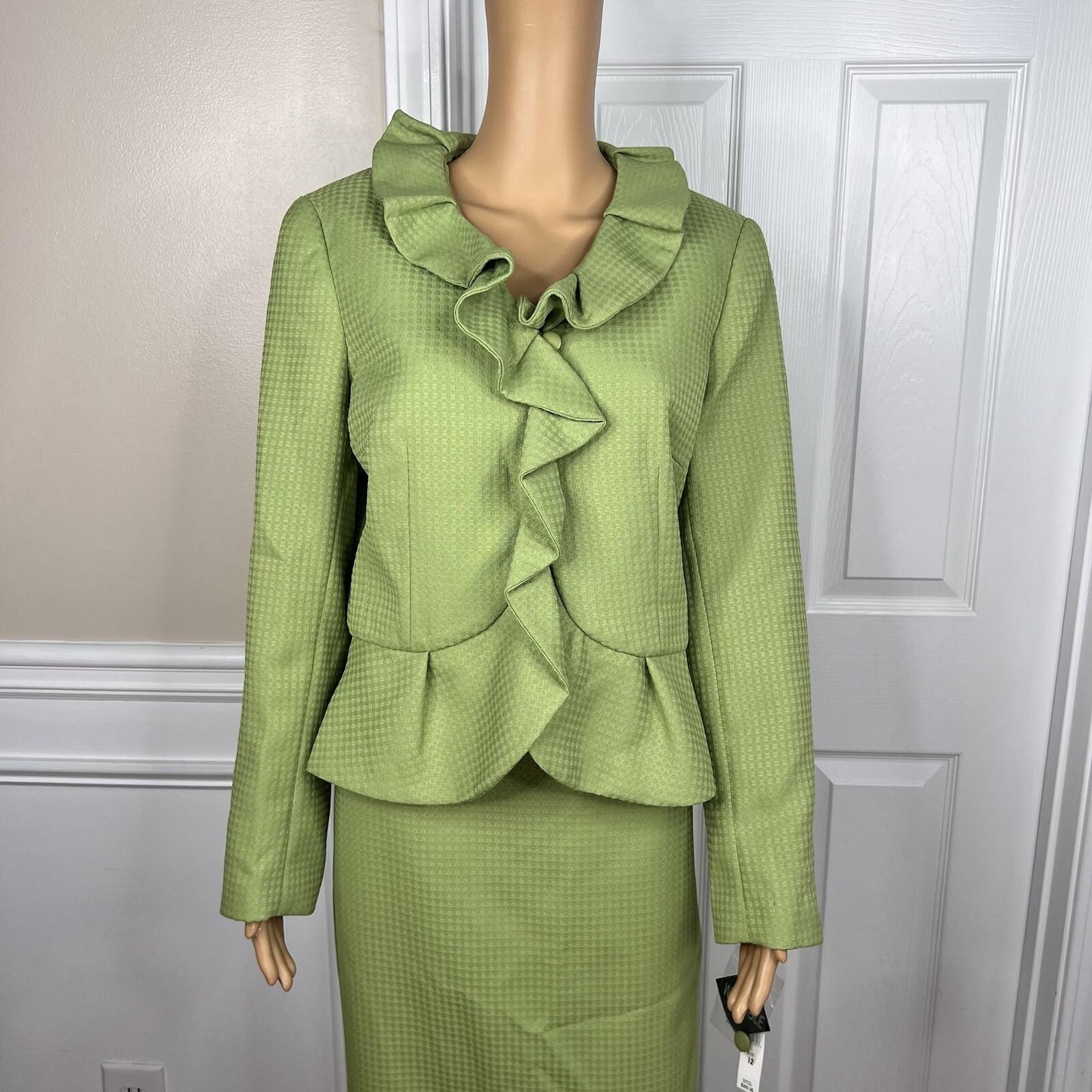 New EMILY 2PC Avocado Polyester Lined Ruffle Collar Cocktail Skirt Suit Size 12 (Copy)