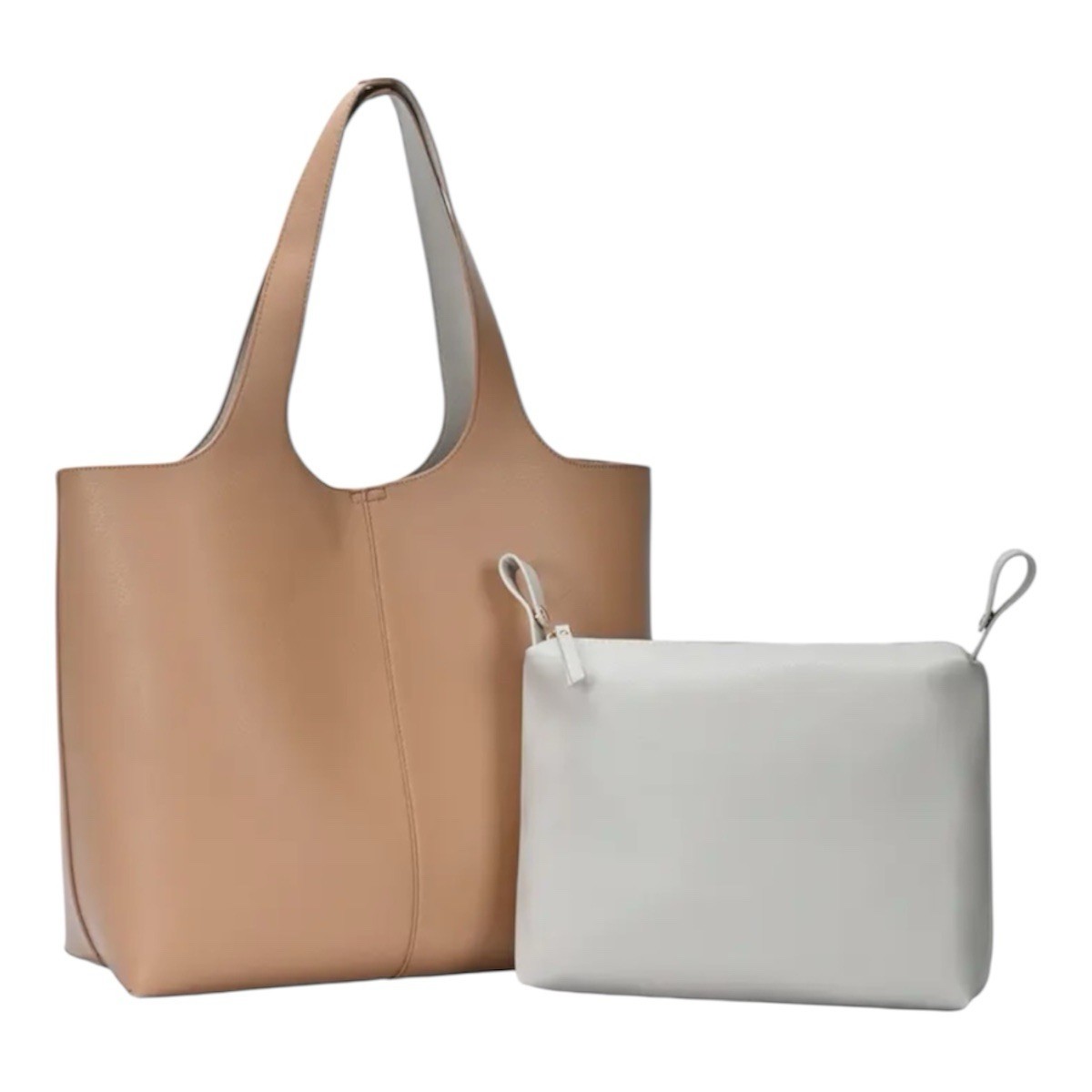Madison West Faux Leather Long Handle Tote Bag Camel Roomy Removable Zip Pouch