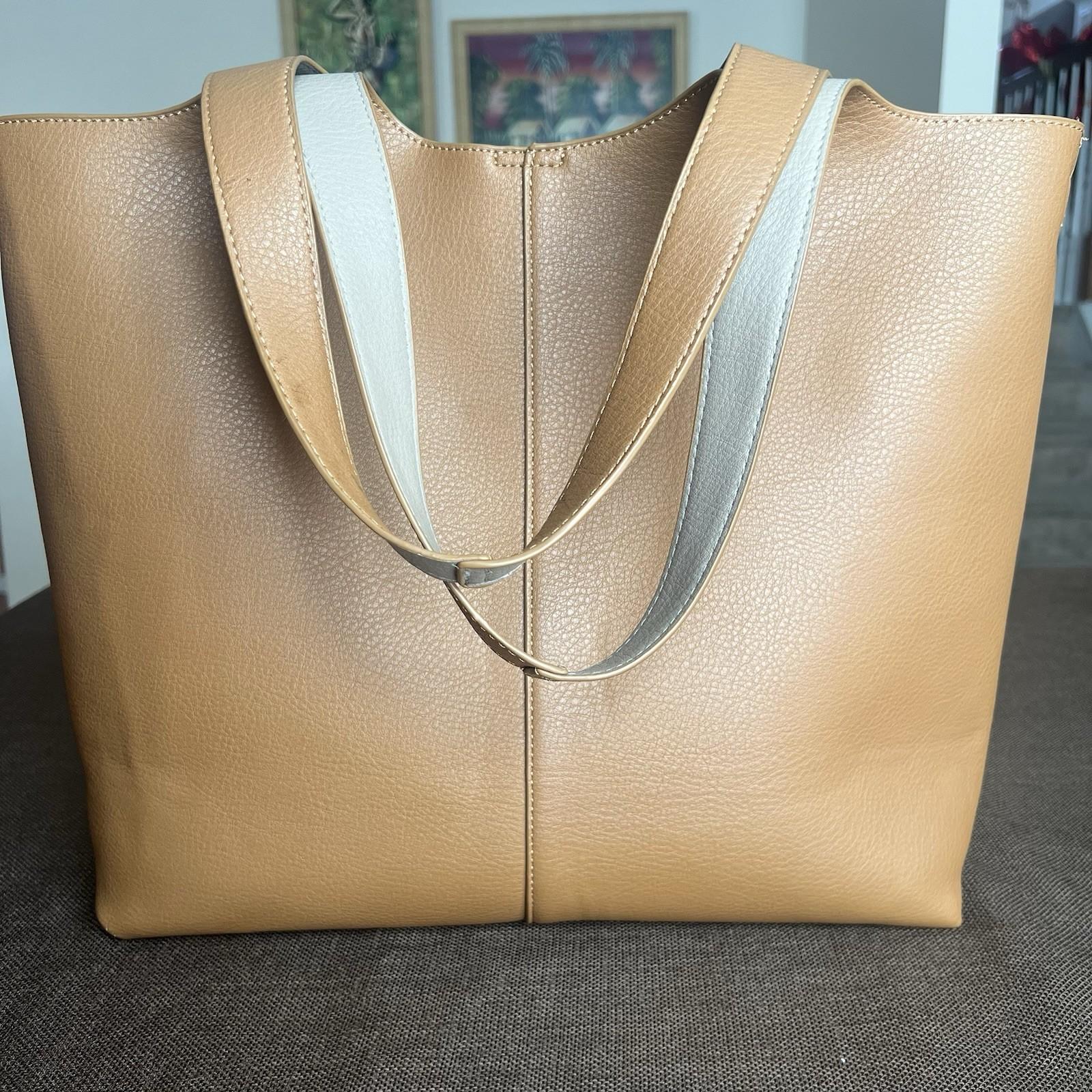 Madison West Faux Leather Long Handle Tote Bag Camel Roomy Removable Zip Pouch