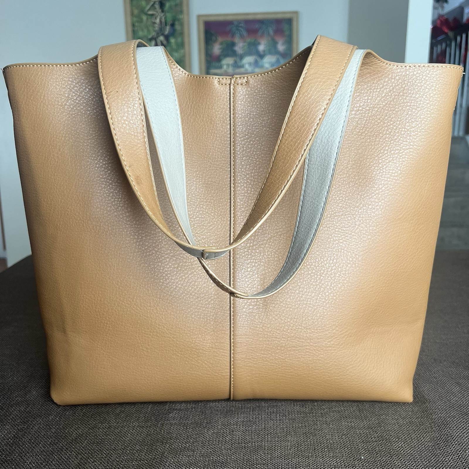Madison West Faux Leather Long Handle Tote Bag Camel Roomy Removable Zip Pouch