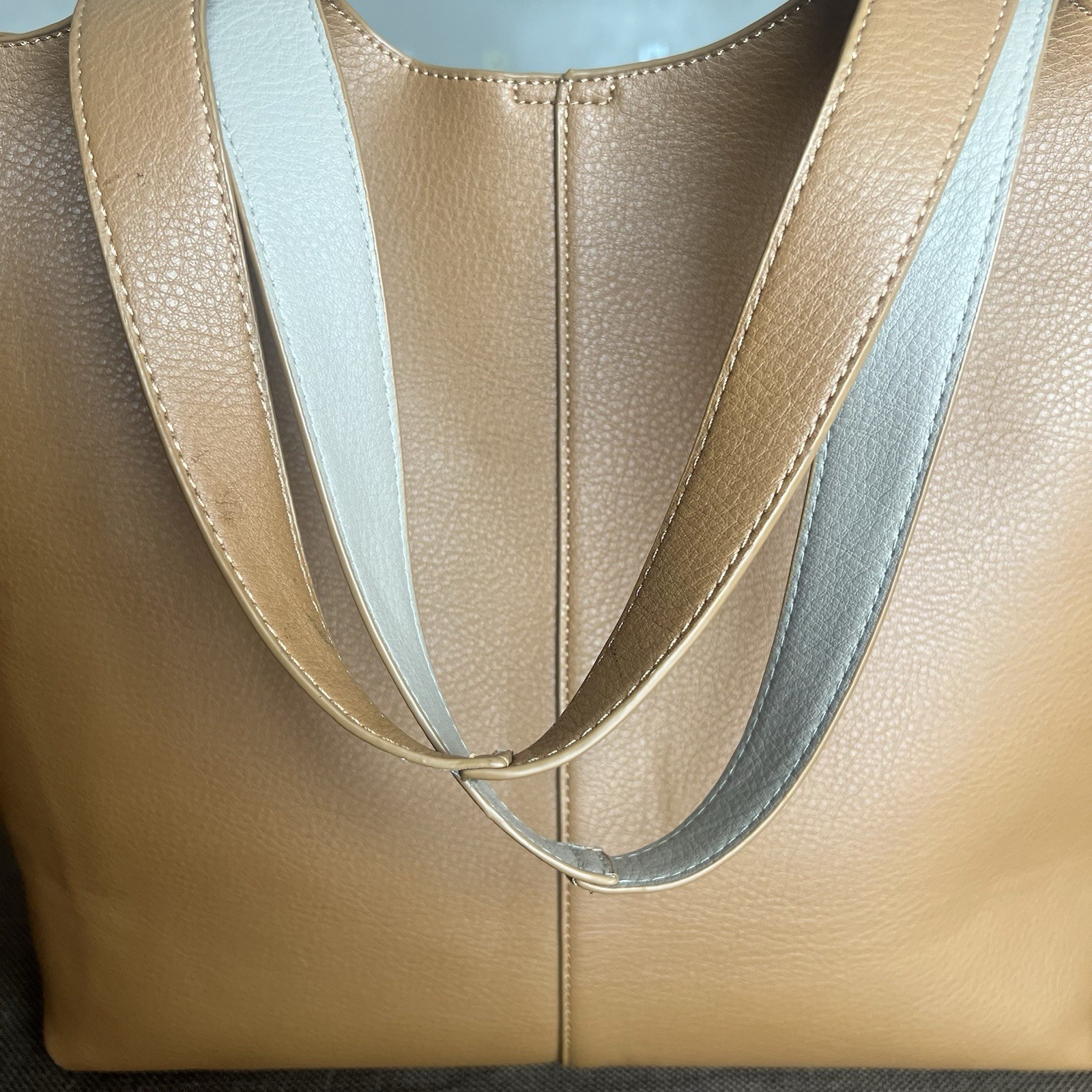 Madison West Faux Leather Long Handle Tote Bag Camel Roomy Removable Zip Pouch