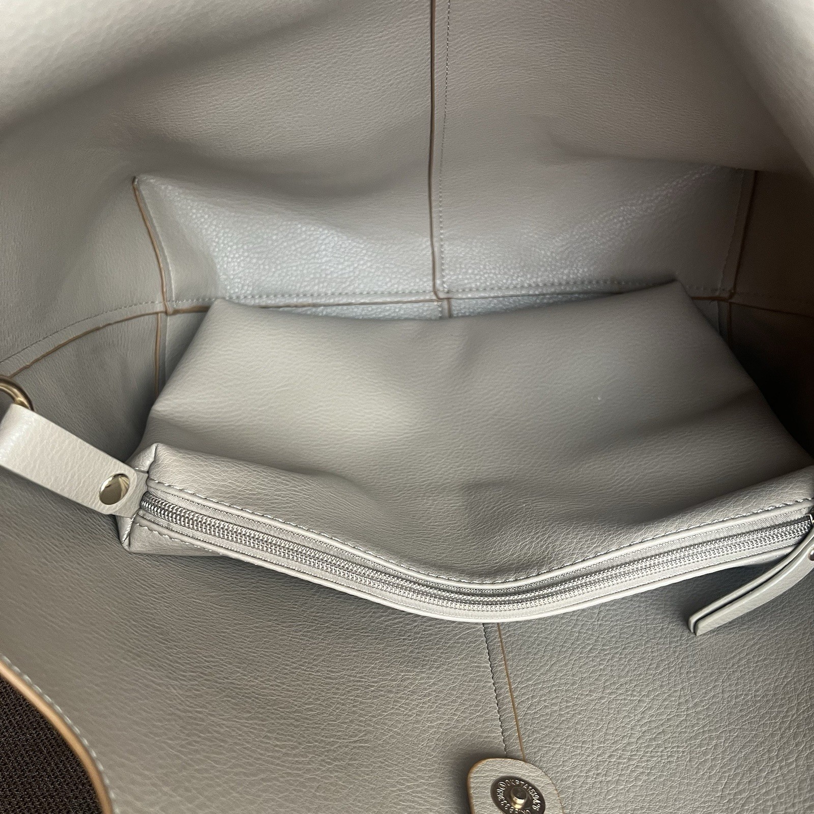 Madison West Faux Leather Long Handle Tote Bag Camel Roomy Removable Zip Pouch