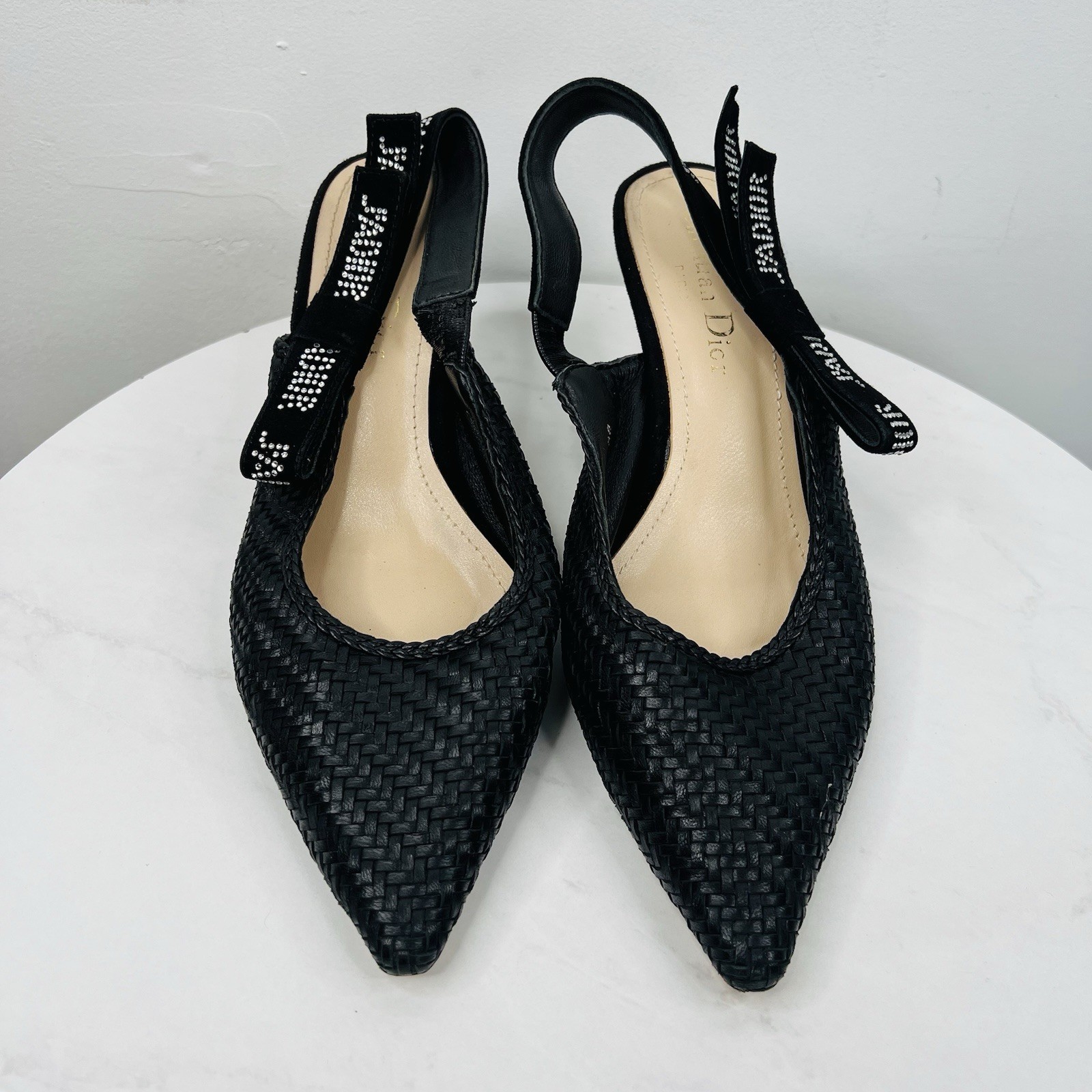 Christian Dior J'adior Slingback Pump 38 Black Leather Velvet Comma Heel Bow