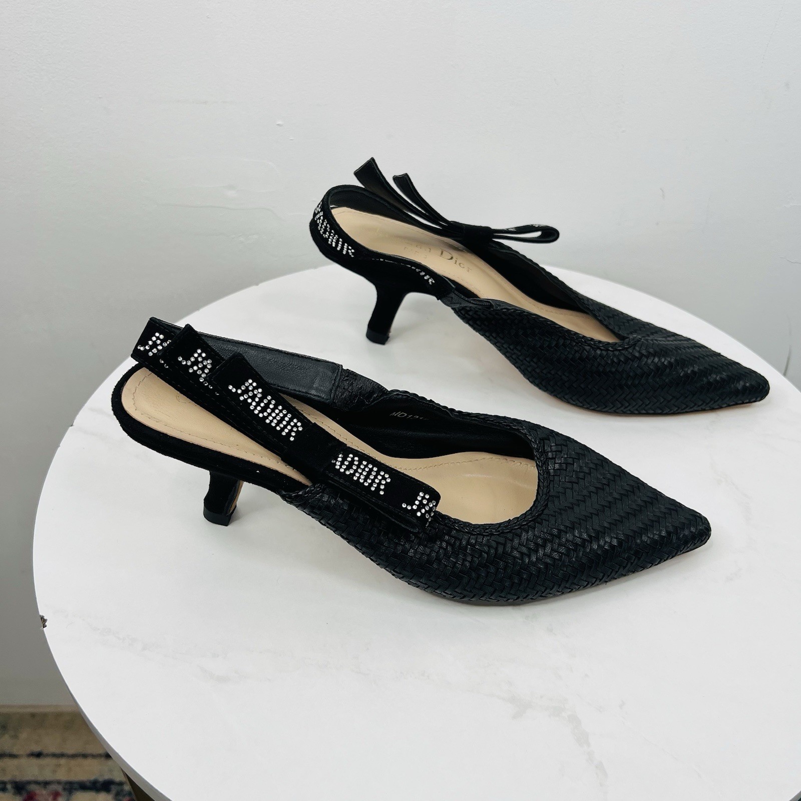 Christian Dior J'adior Slingback Pump 38 Black Leather Velvet Comma Heel Bow