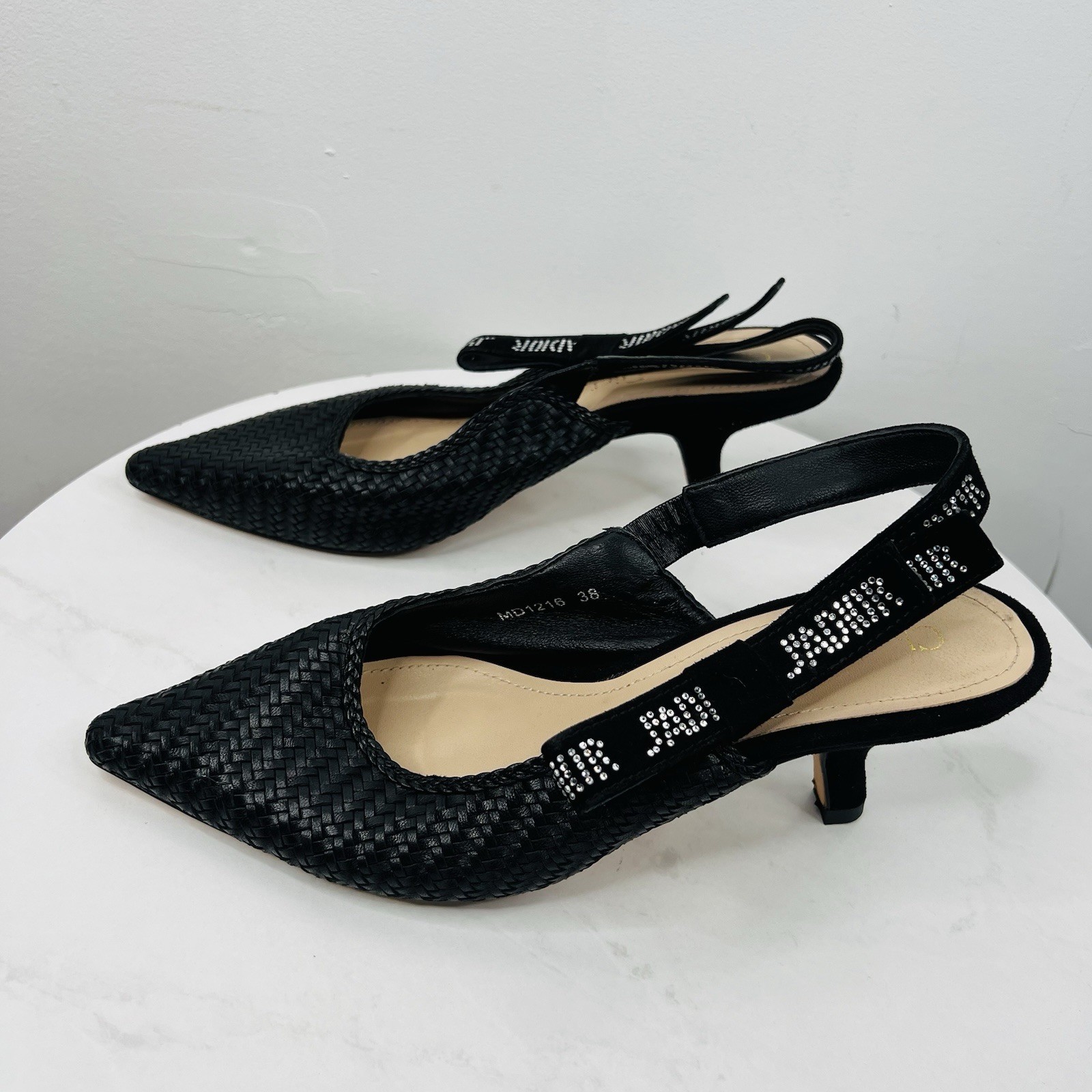 Christian Dior J'adior Slingback Pump 38 Black Leather Velvet Comma Heel Bow