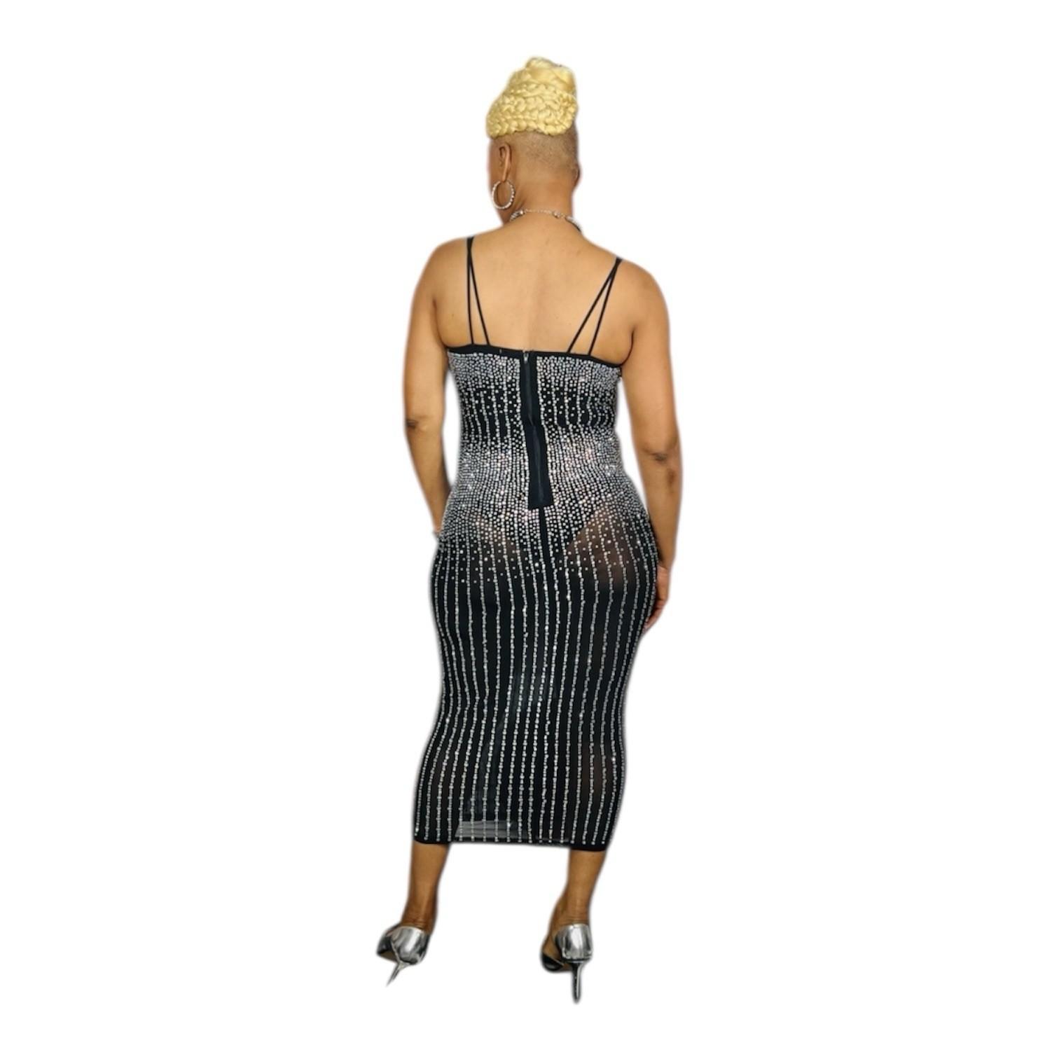 Posh By V Rhinestone Mesh Bodycon Sleeveless Dress Size L Midi See Through New