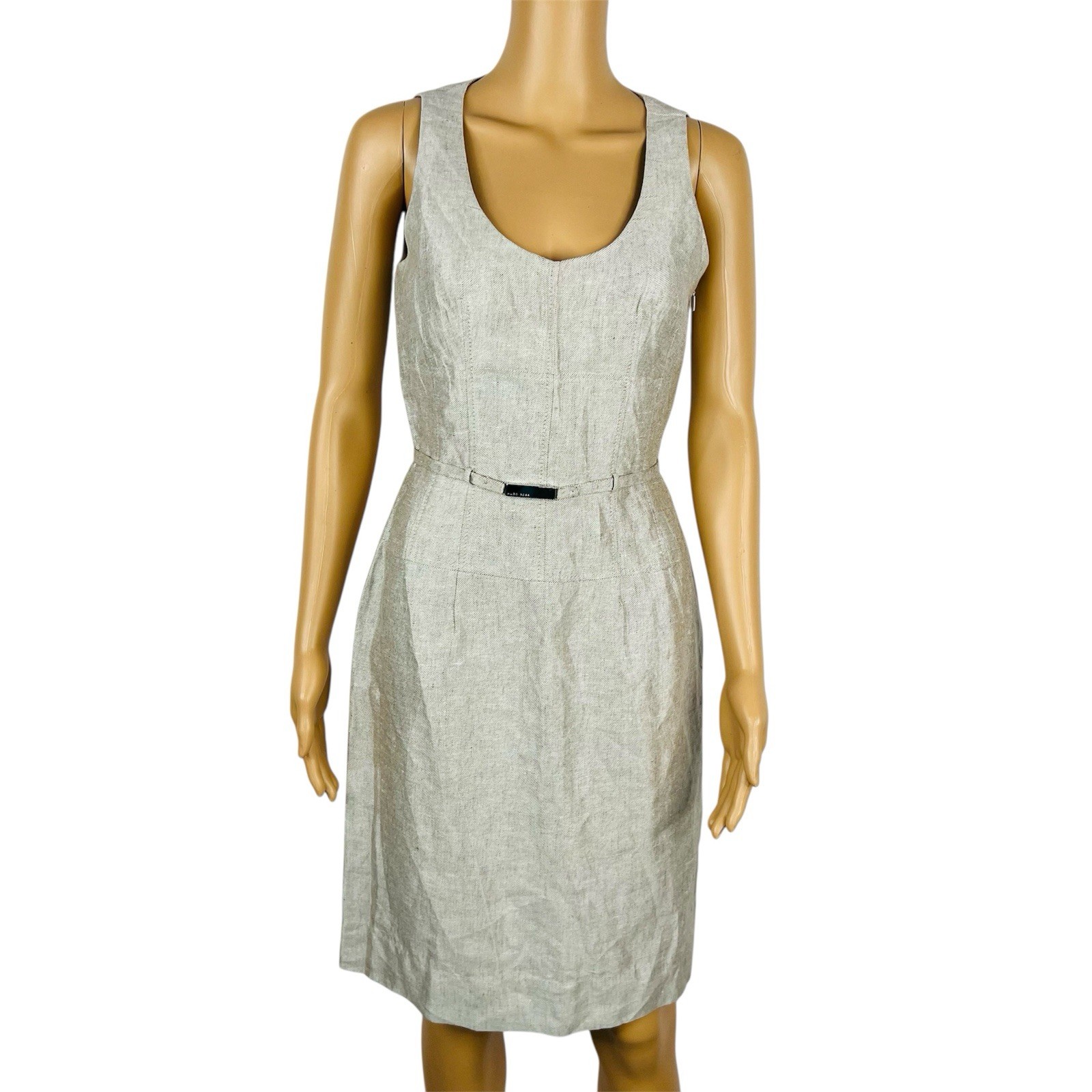 Hugo Boss Linen Dress Size 6 Beige Sleeveless Belted Dress Timeless