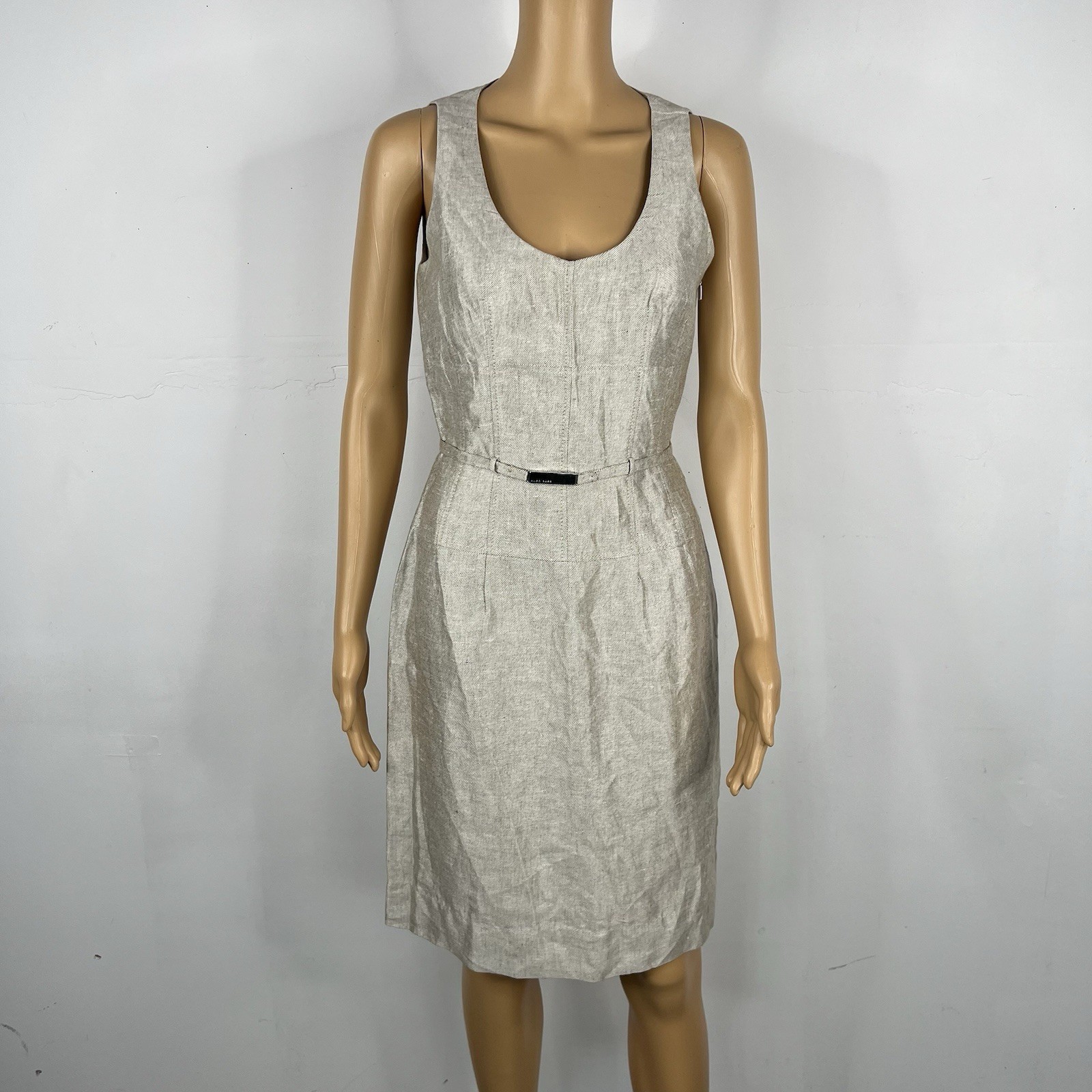 Hugo Boss Linen Dress Size 6 Beige Sleeveless Belted Dress Timeless