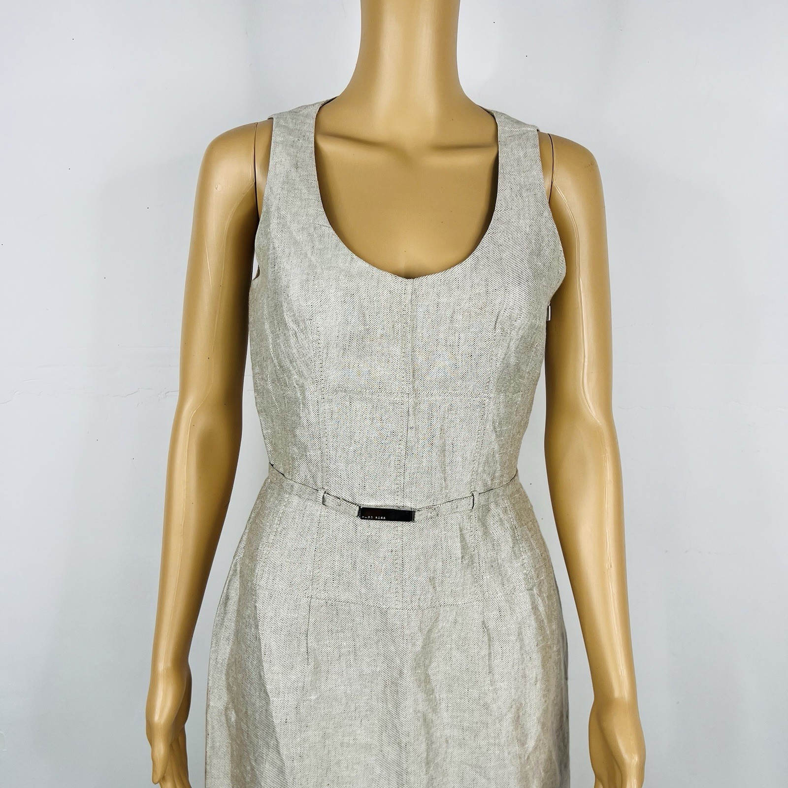 Hugo Boss Linen Dress Size 6 Beige Sleeveless Belted Dress Timeless
