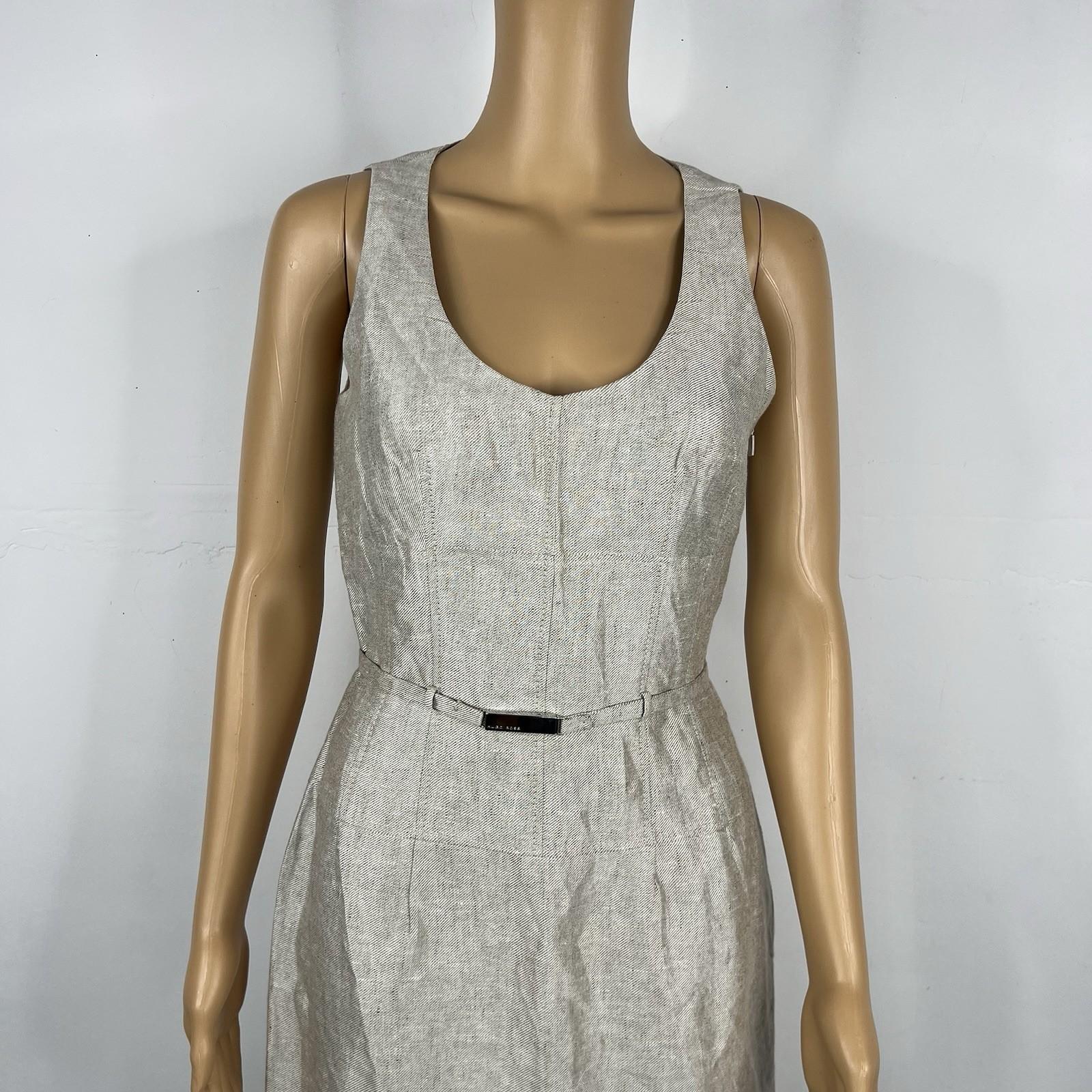 Hugo Boss Linen Dress Size 6 Beige Sleeveless Belted Dress Timeless