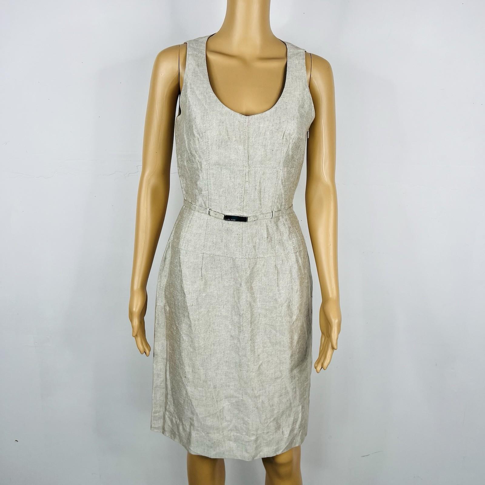 Hugo Boss Linen Dress Size 6 Beige Sleeveless Belted Dress Timeless