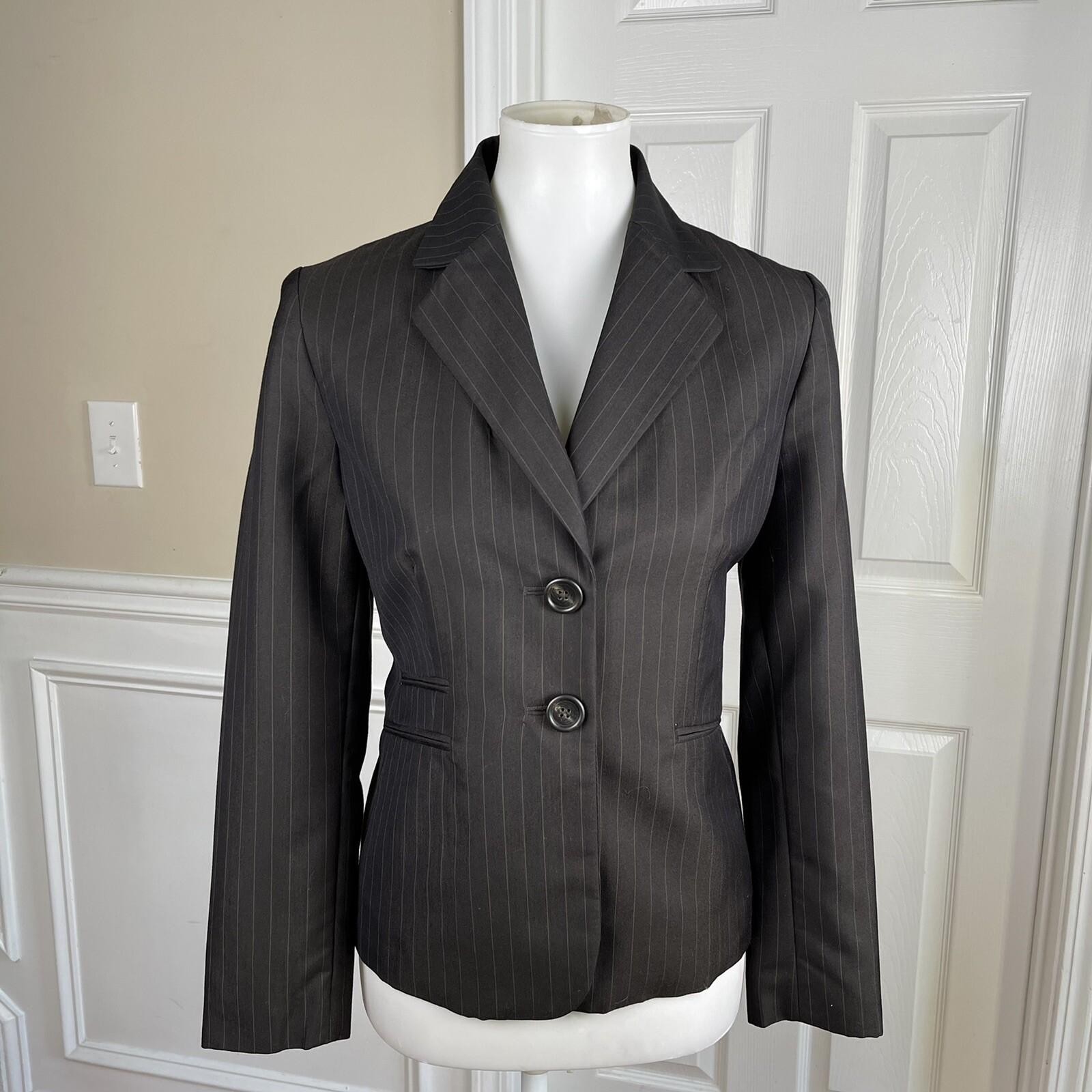 10-143.jpg KASPER Women 2PC Chocolate Brown Striped Single Breasted Pant Suit Size 8P