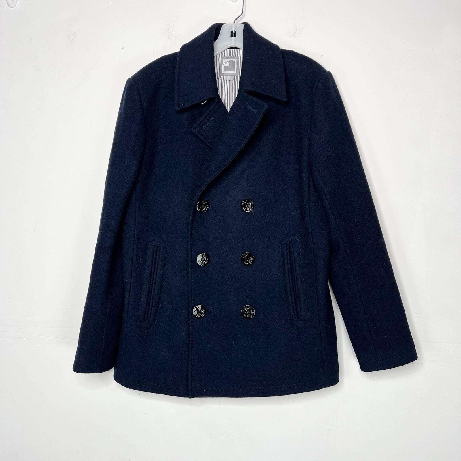 10-206.jpg JC Penney Men Wool Coat Pea Coat Size M Navy Double Breasted Lined Pockets