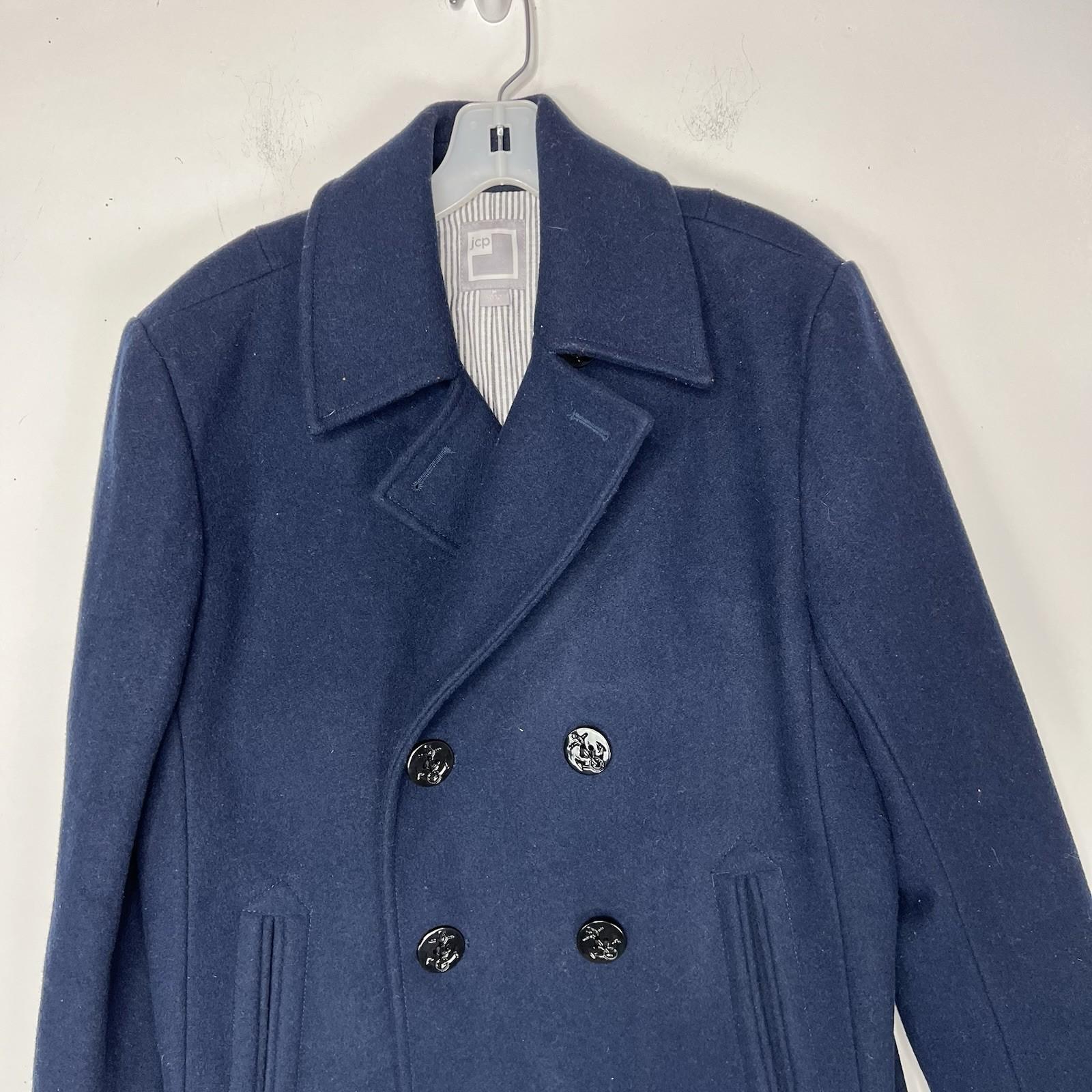 10-208.jpg JC Penney Men Wool Coat Pea Coat Size M Navy Double Breasted Lined Pockets
