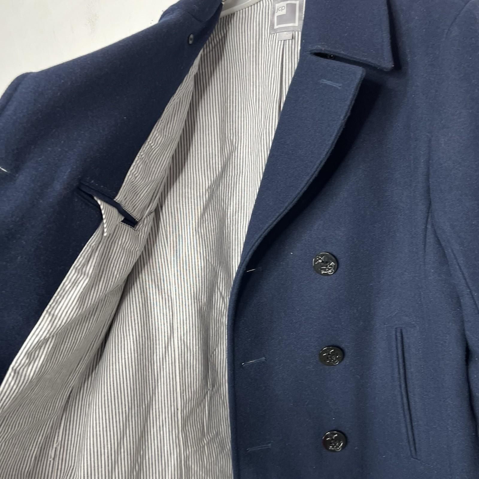 10-210.jpg JC Penney Men Wool Coat Pea Coat Size M Navy Double Breasted Lined Pockets