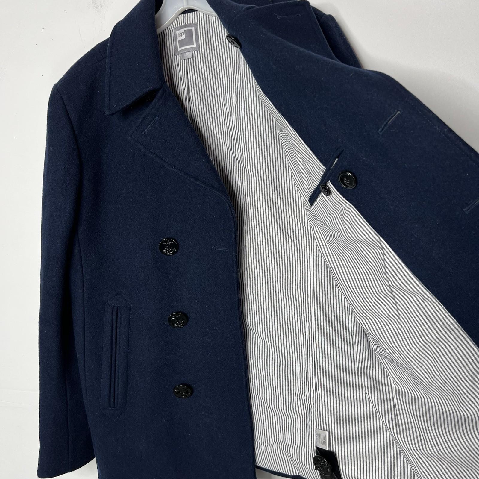 10-212.jpg JC Penney Men Wool Coat Pea Coat Size M Navy Double Breasted Lined Pockets