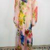 New l'Atiste By Amy Maxi See Through Tier Dress M Floral Sheer Bubble Sleeves