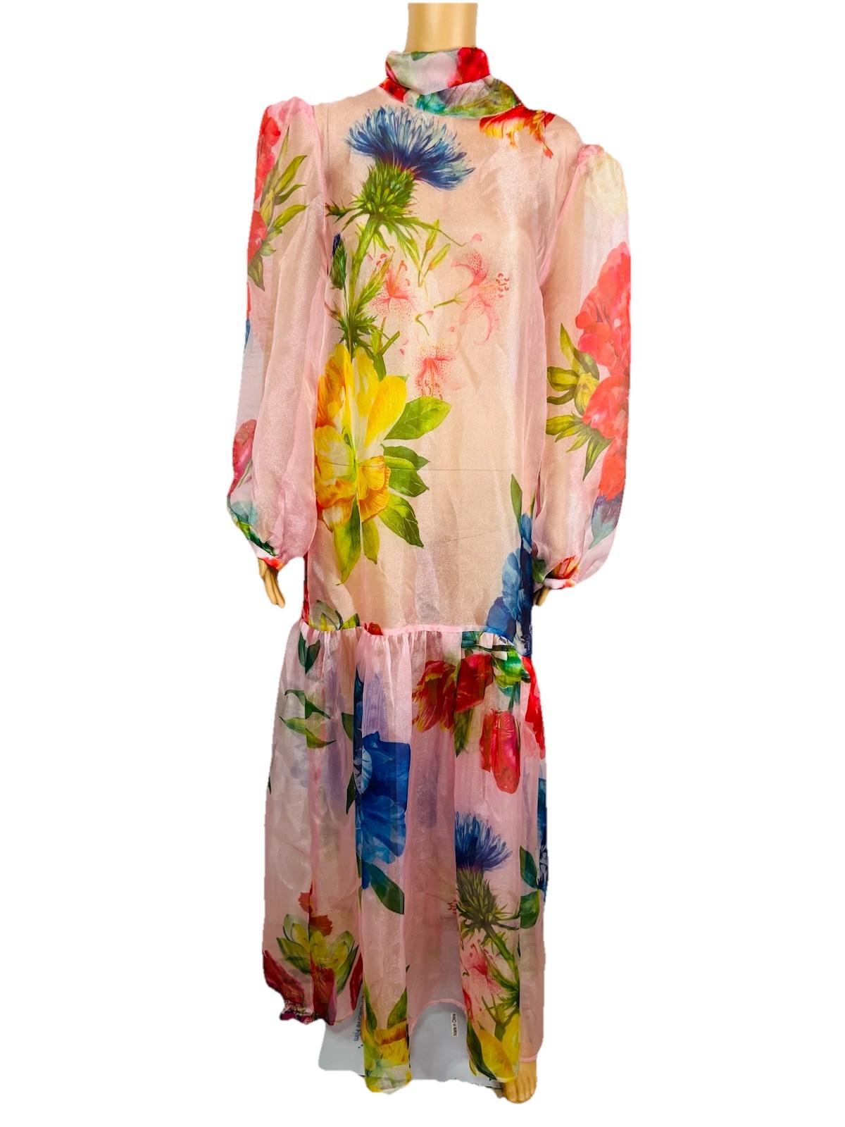 10-25.jpg New l'Atiste By Amy Maxi See Through Tier Dress M Floral Sheer Bubble Sleeves