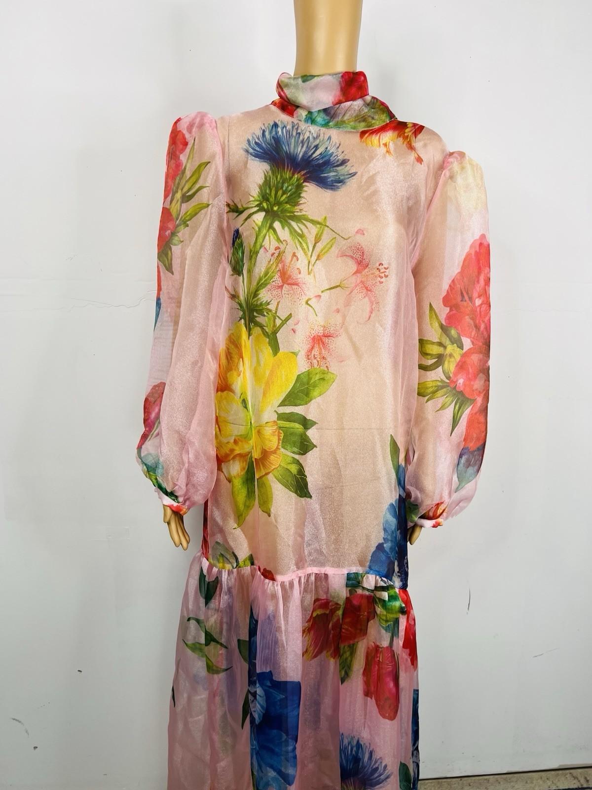 New l'Atiste By Amy Maxi See Through Tier Dress M Floral Sheer Bubble Sleeves