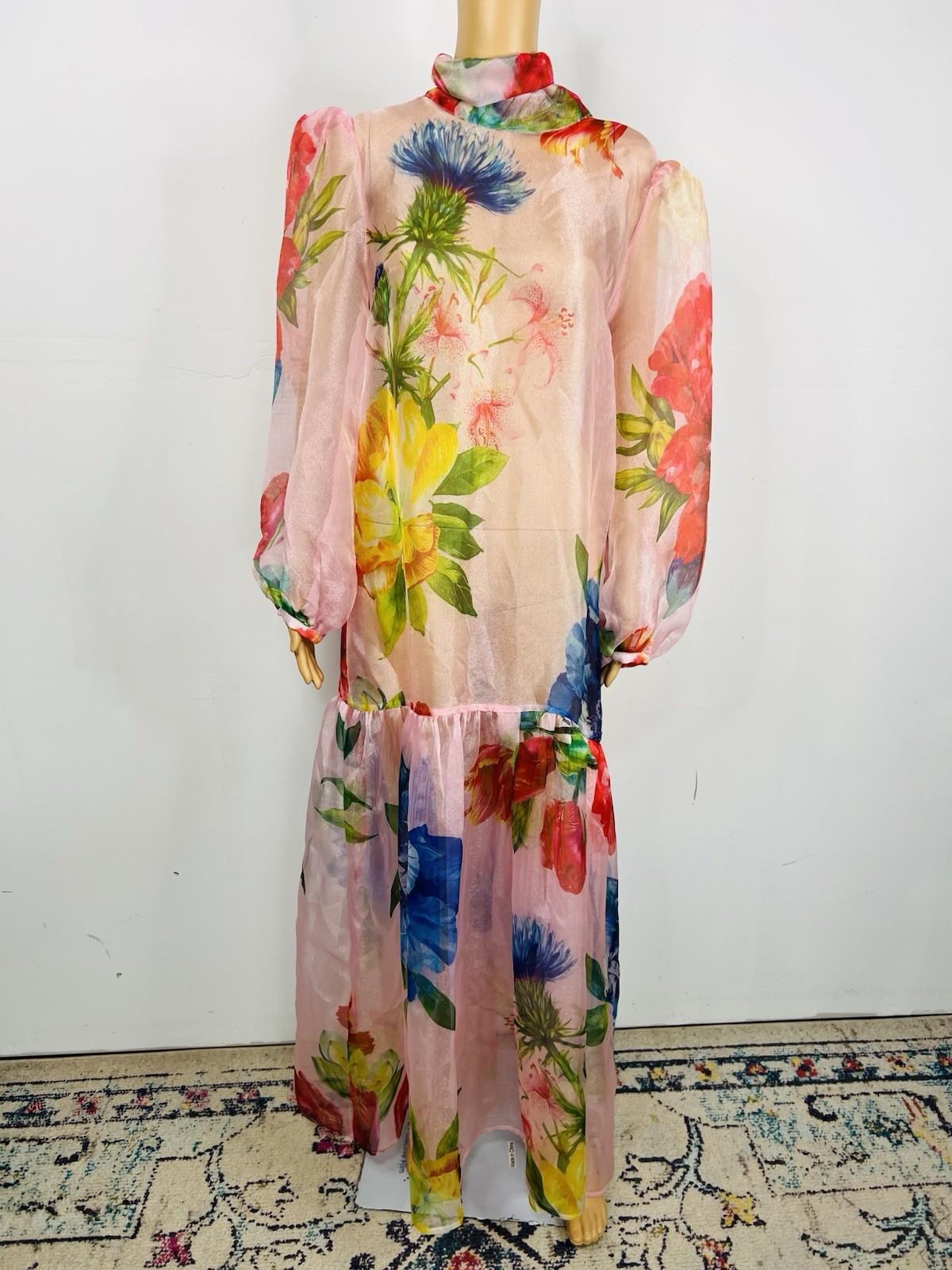 10-27.jpg New l'Atiste By Amy Maxi See Through Tier Dress M Floral Sheer Bubble Sleeves
