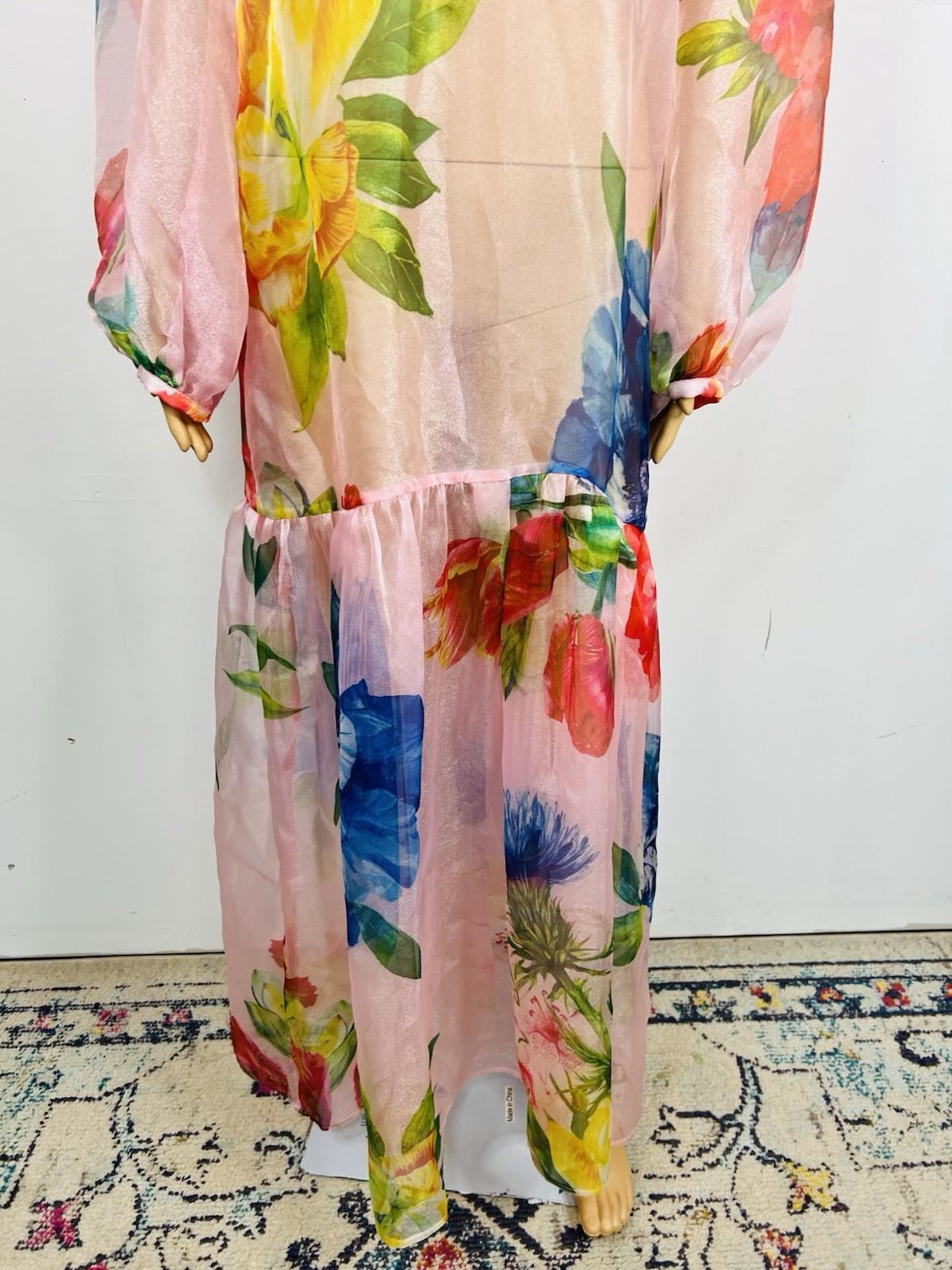 New l'Atiste By Amy Maxi See Through Tier Dress M Floral Sheer Bubble Sleeves