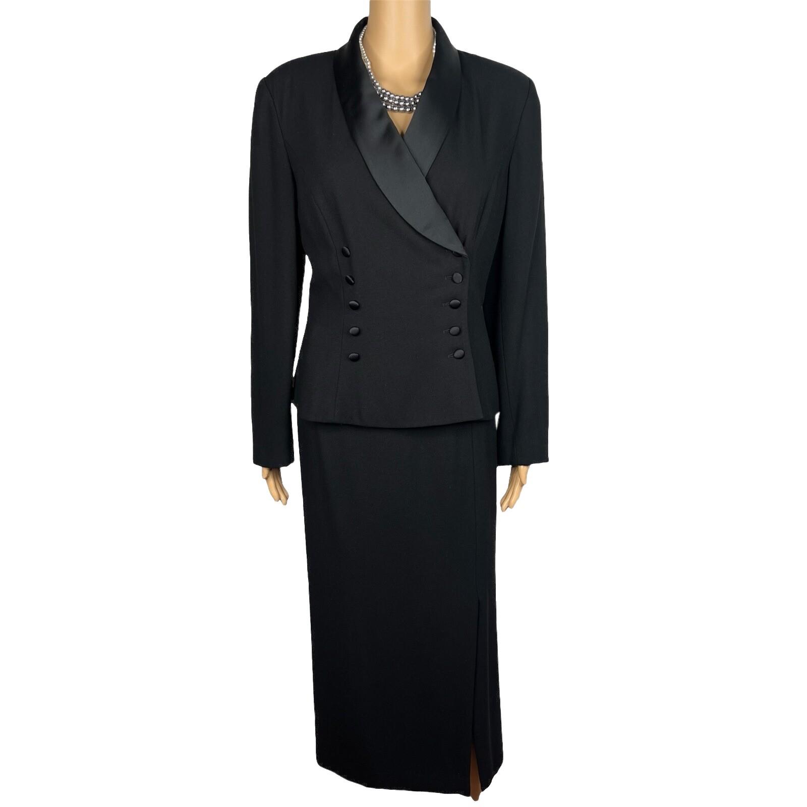 Kasper ASL Polyester Rayon Tuxedo VTG Skirt Suit 10 Black Double Breasted 2PC