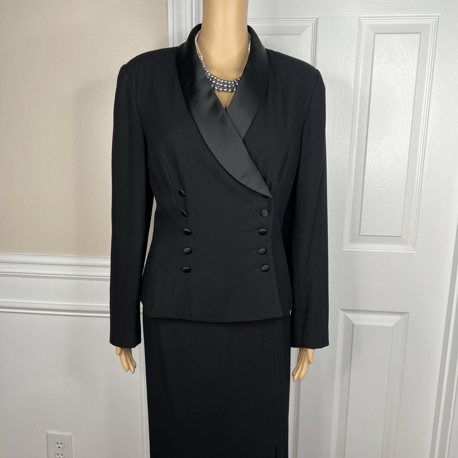 Kasper ASL Polyester Rayon Tuxedo VTG Skirt Suit 10 Black Double Breasted 2PC