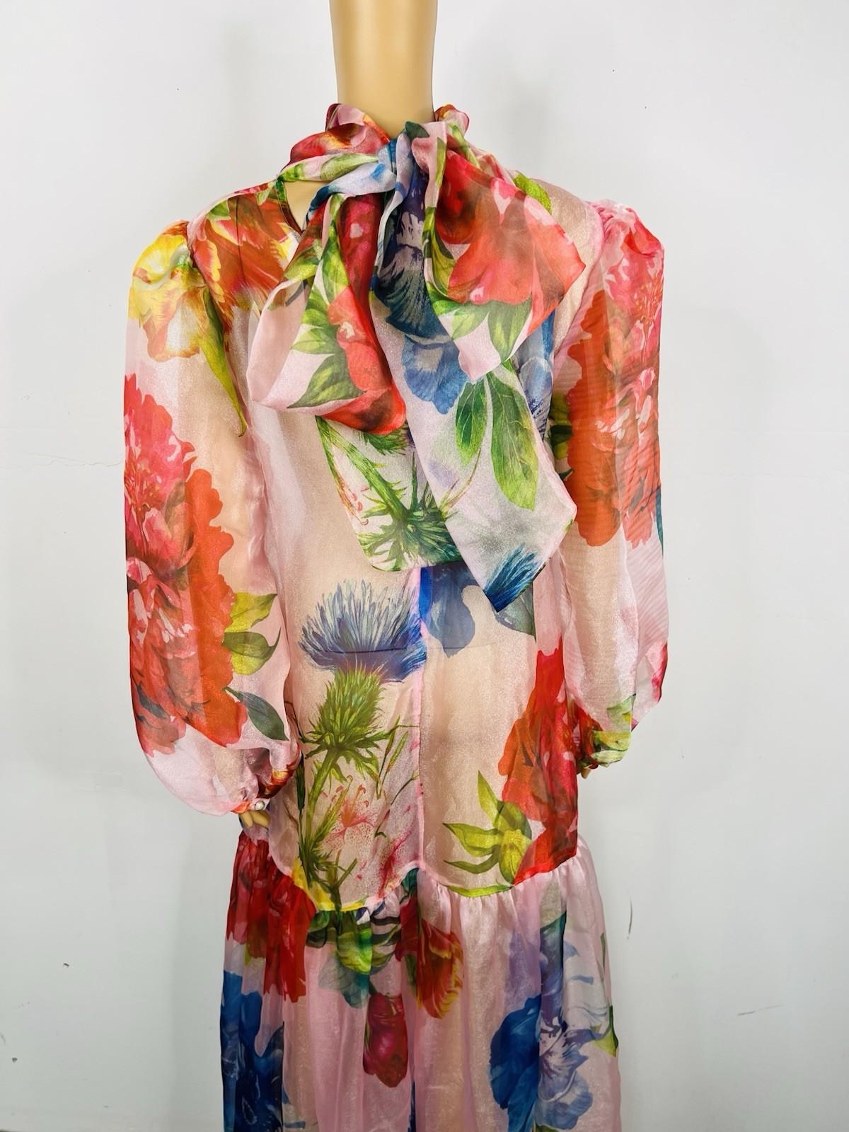 New l'Atiste By Amy Maxi See Through Tier Dress M Floral Sheer Bubble Sleeves
