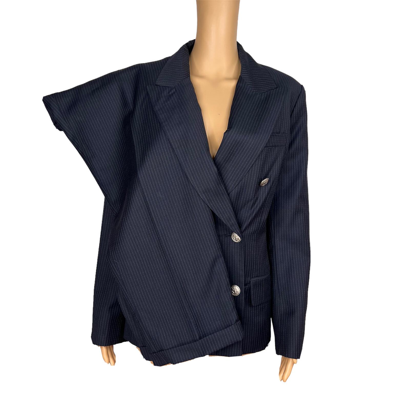 Liz Claiborne Vintage Wool Pant 12 Suit 10 Dark Blue Striped Double Breasted 2PC