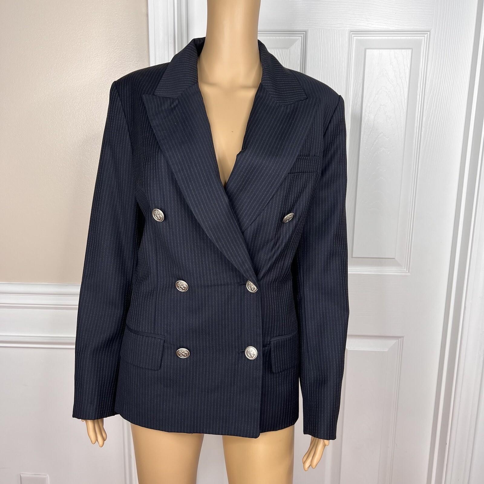 Liz Claiborne Vintage Wool Pant 12 Suit 10 Dark Blue Striped Double Breasted 2PC