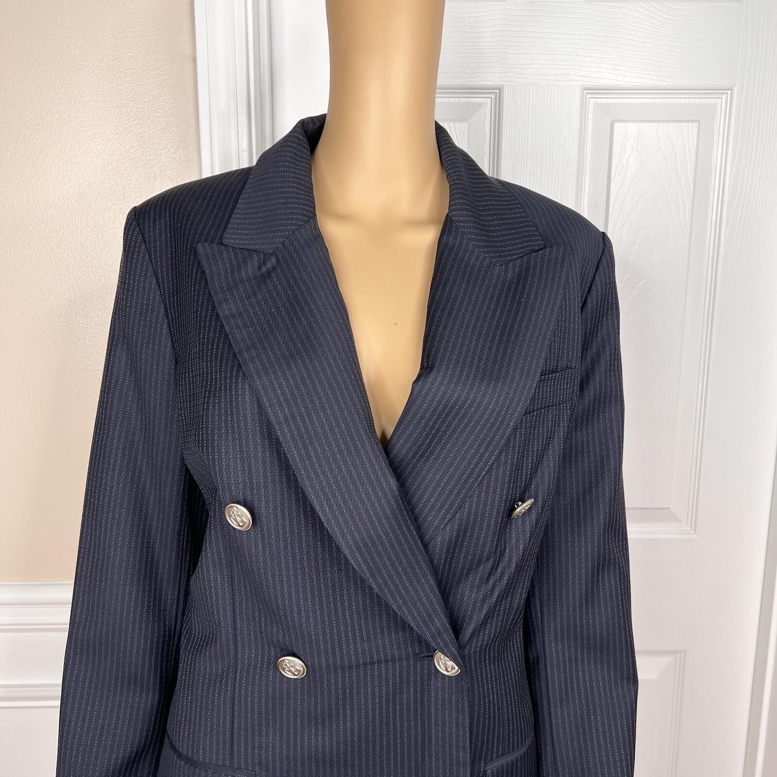 Liz Claiborne Vintage Wool Pant 12 Suit 10 Dark Blue Striped Double Breasted 2PC