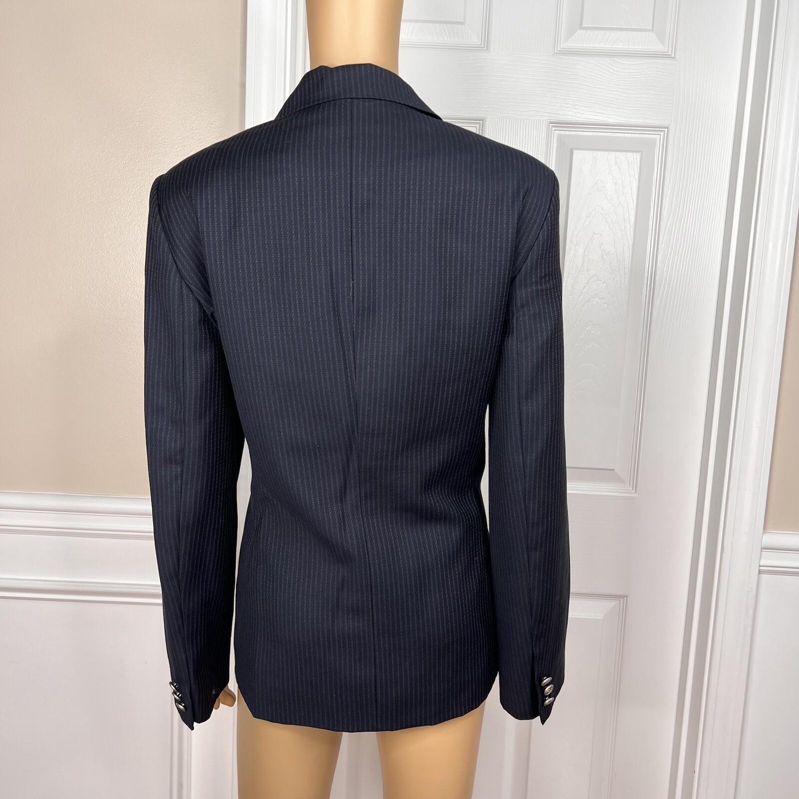Liz Claiborne Vintage Wool Pant 12 Suit 10 Dark Blue Striped Double Breasted 2PC