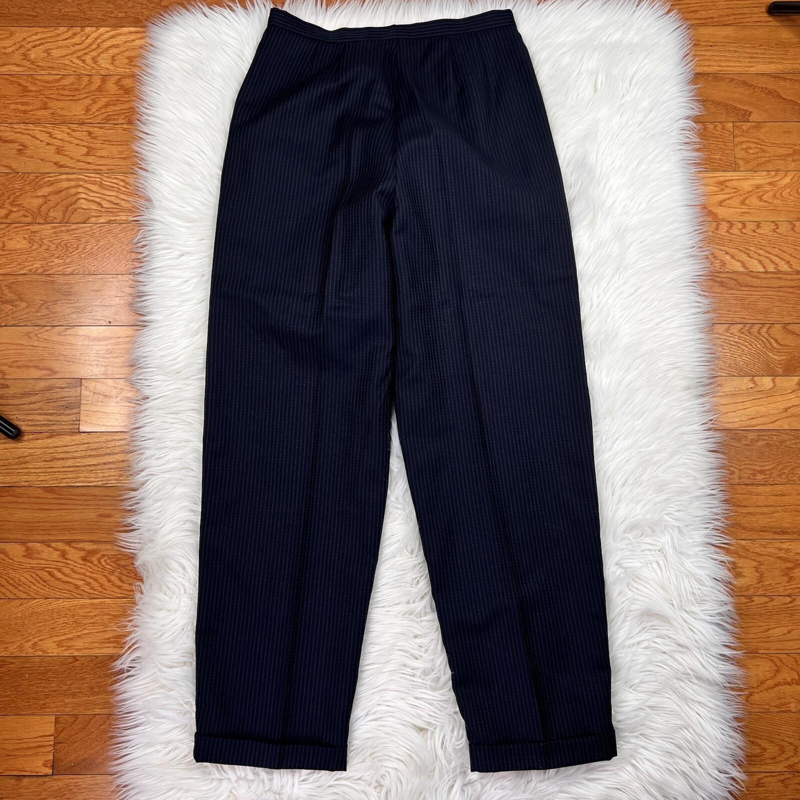 Liz Claiborne Vintage Wool Pant 12 Suit 10 Dark Blue Striped Double Breasted 2PC