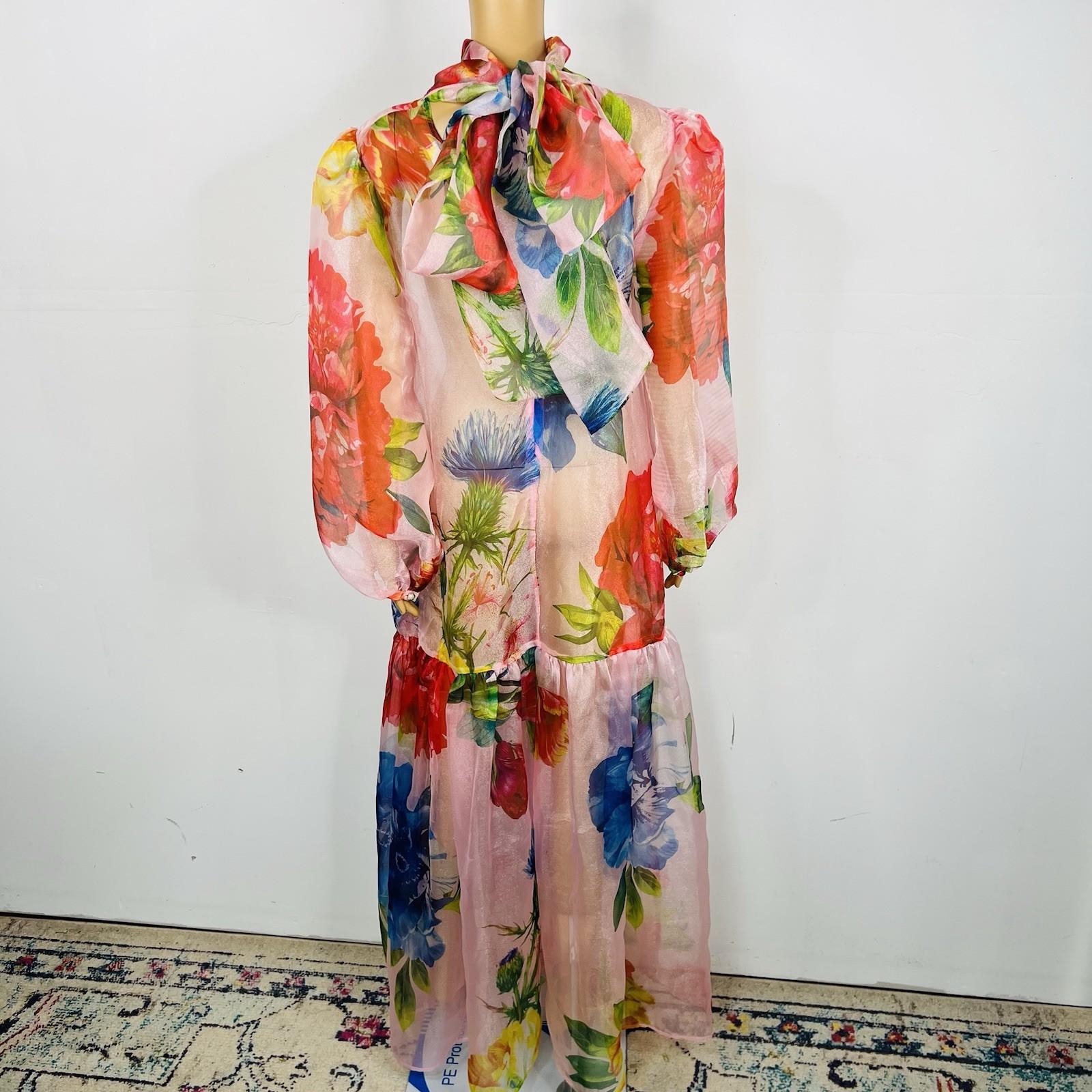 10-41.jpg New l'Atiste By Amy Maxi See Through Tier Dress M Floral Sheer Bubble Sleeves