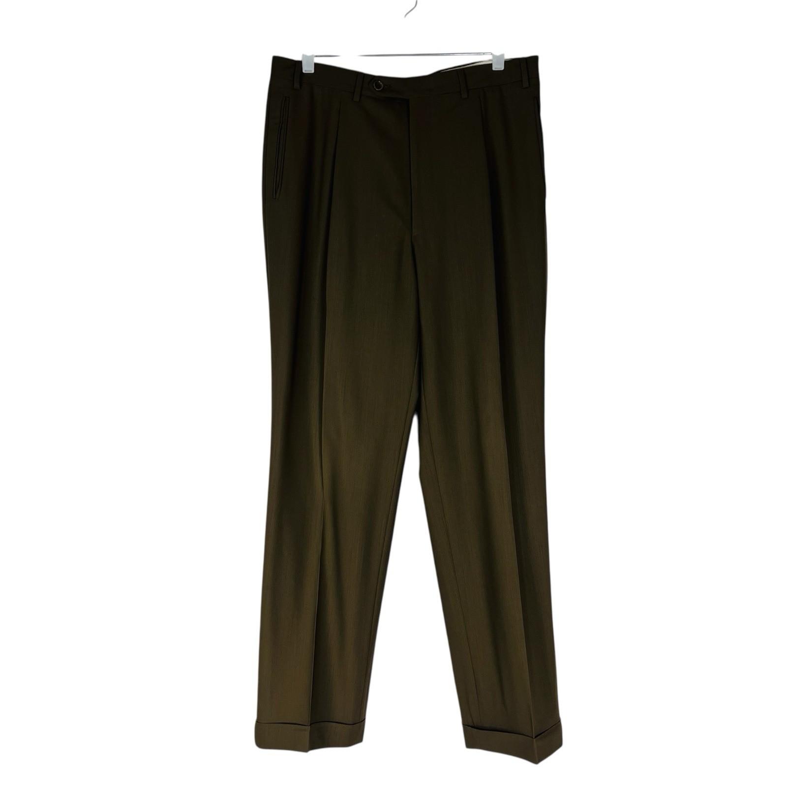 Canali Proposta Pleated Pants Men 34x31 Juniper Pure New Wool Made In Italy