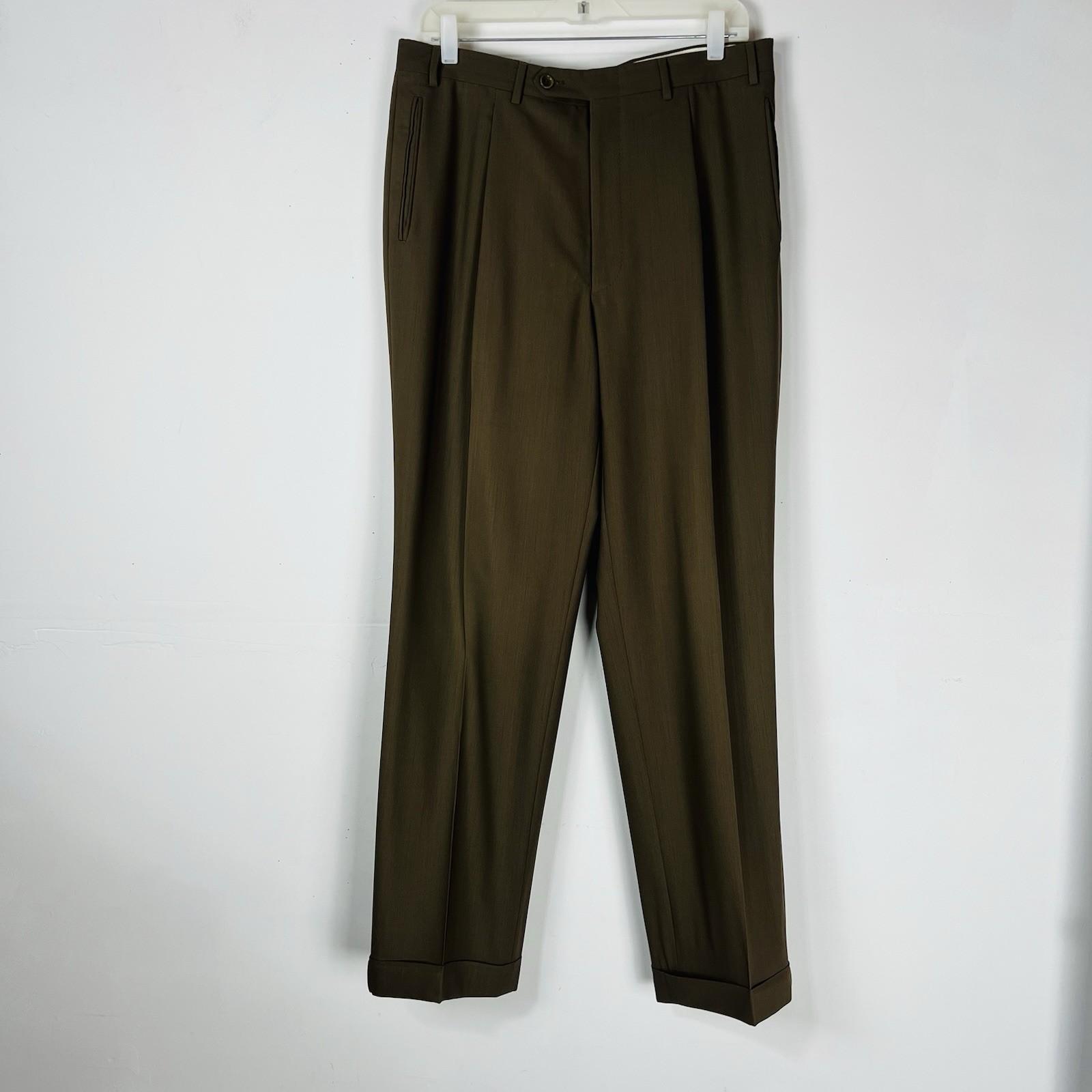 Canali Proposta Pleated Pants Men 34x31 Juniper Pure New Wool Made In Italy