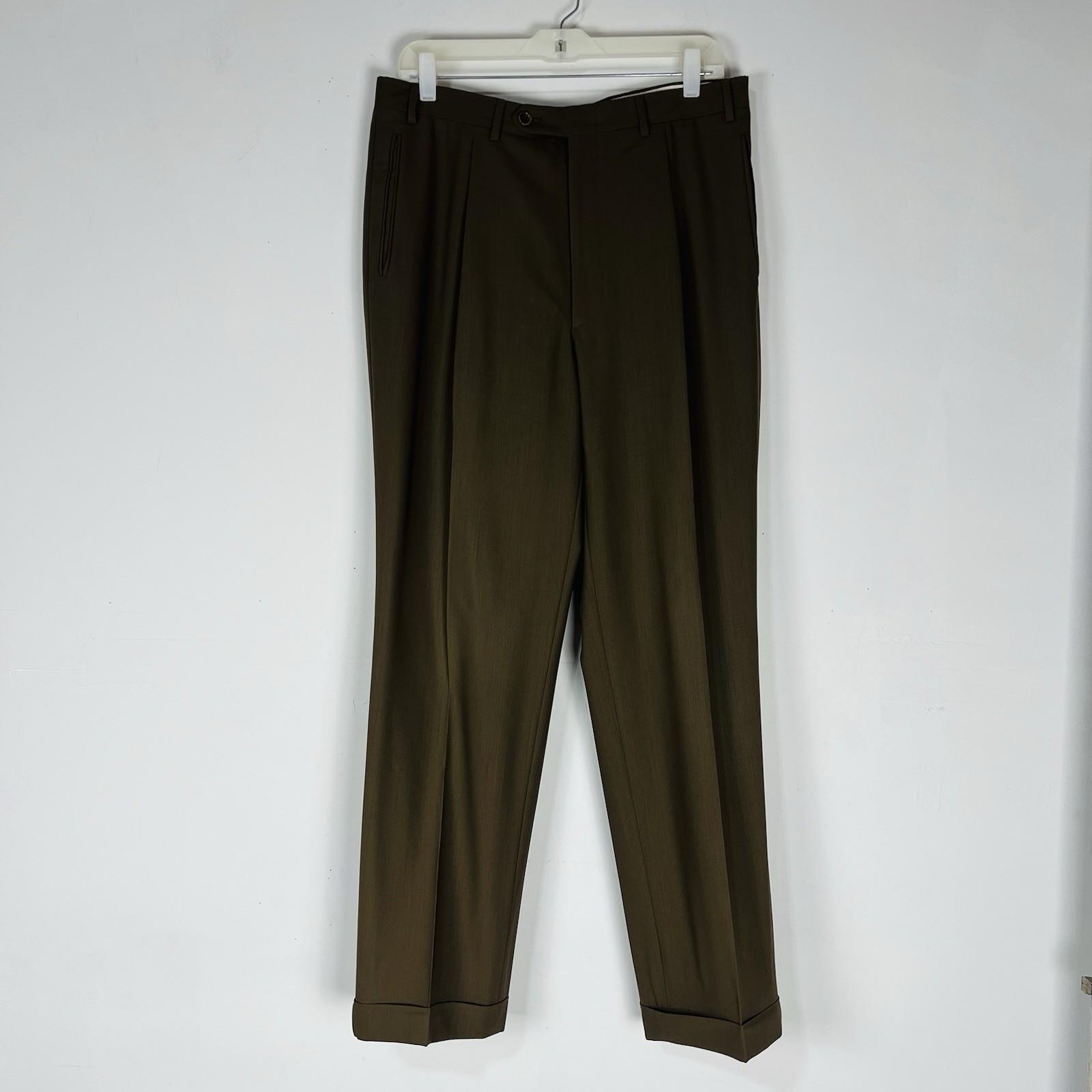 Canali Proposta Pleated Pants Men 34x31 Juniper Pure New Wool Made In Italy