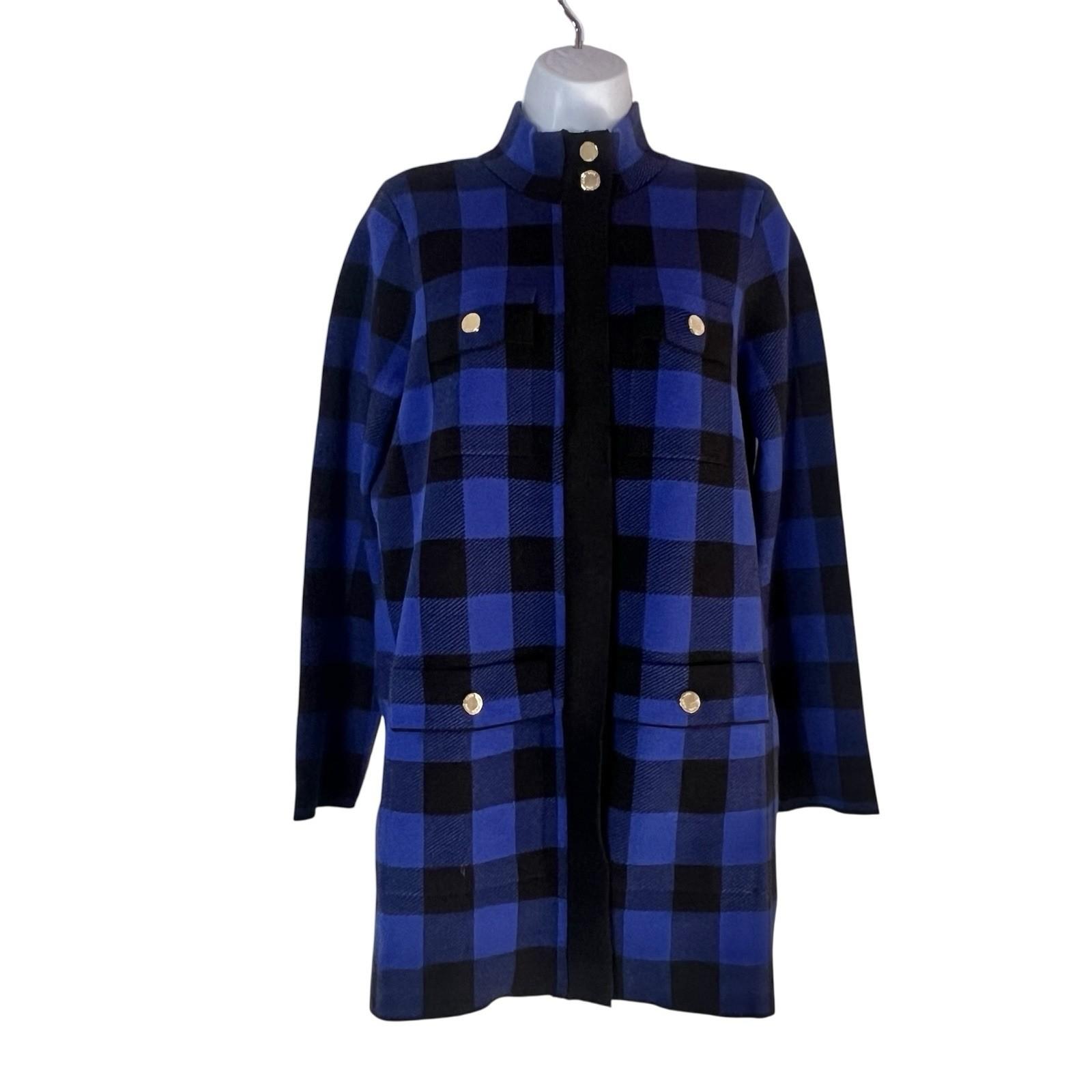 Anne Klein Plaid Knit Sweater Cardigan S Blue Black Gold Toned Buttons Pockets